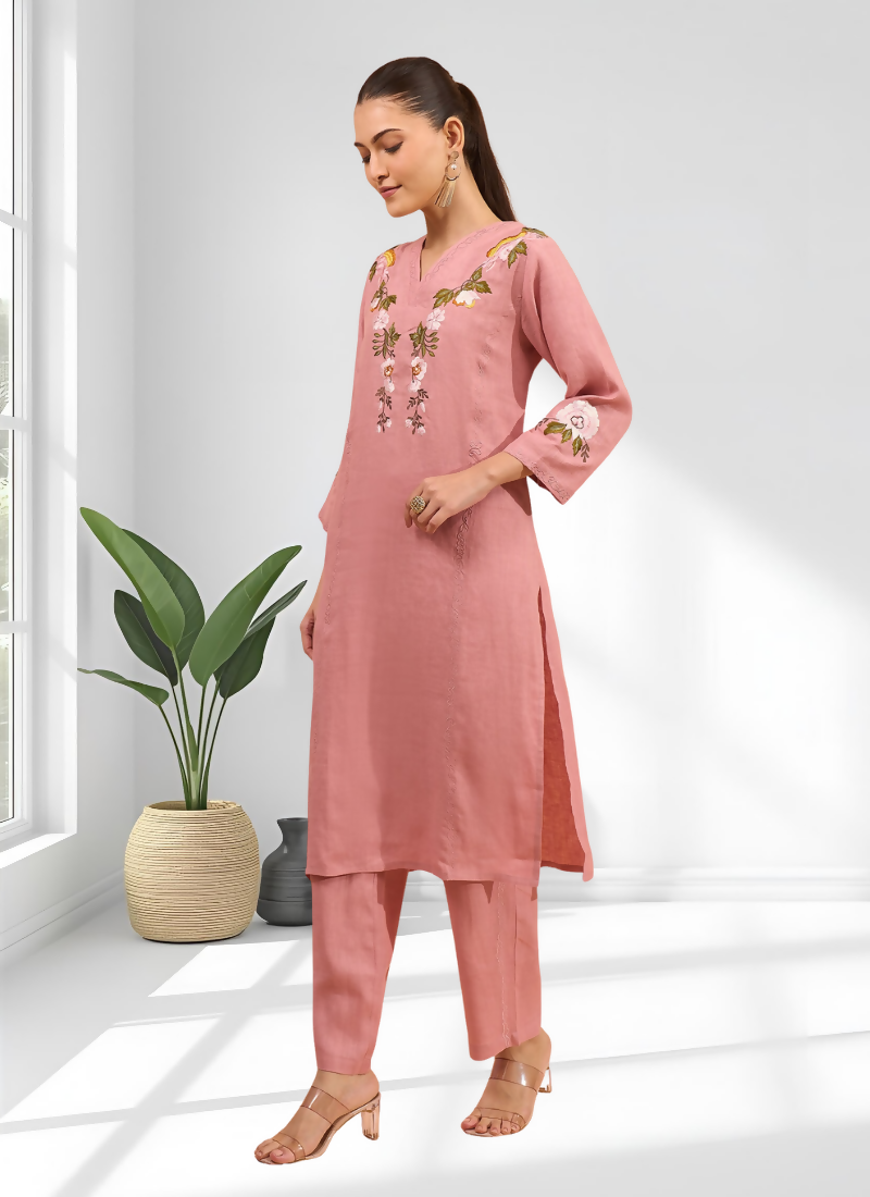 Joban Fashion Pink Linen Embroidered Readymade Long Kurta With Pant