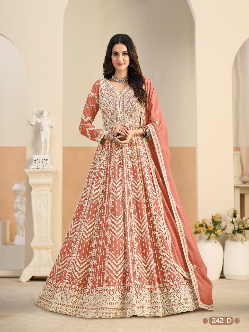 Anaita Light Orange Heavy Embroidered Faux Georgette Anarkali Suit With Salwar
