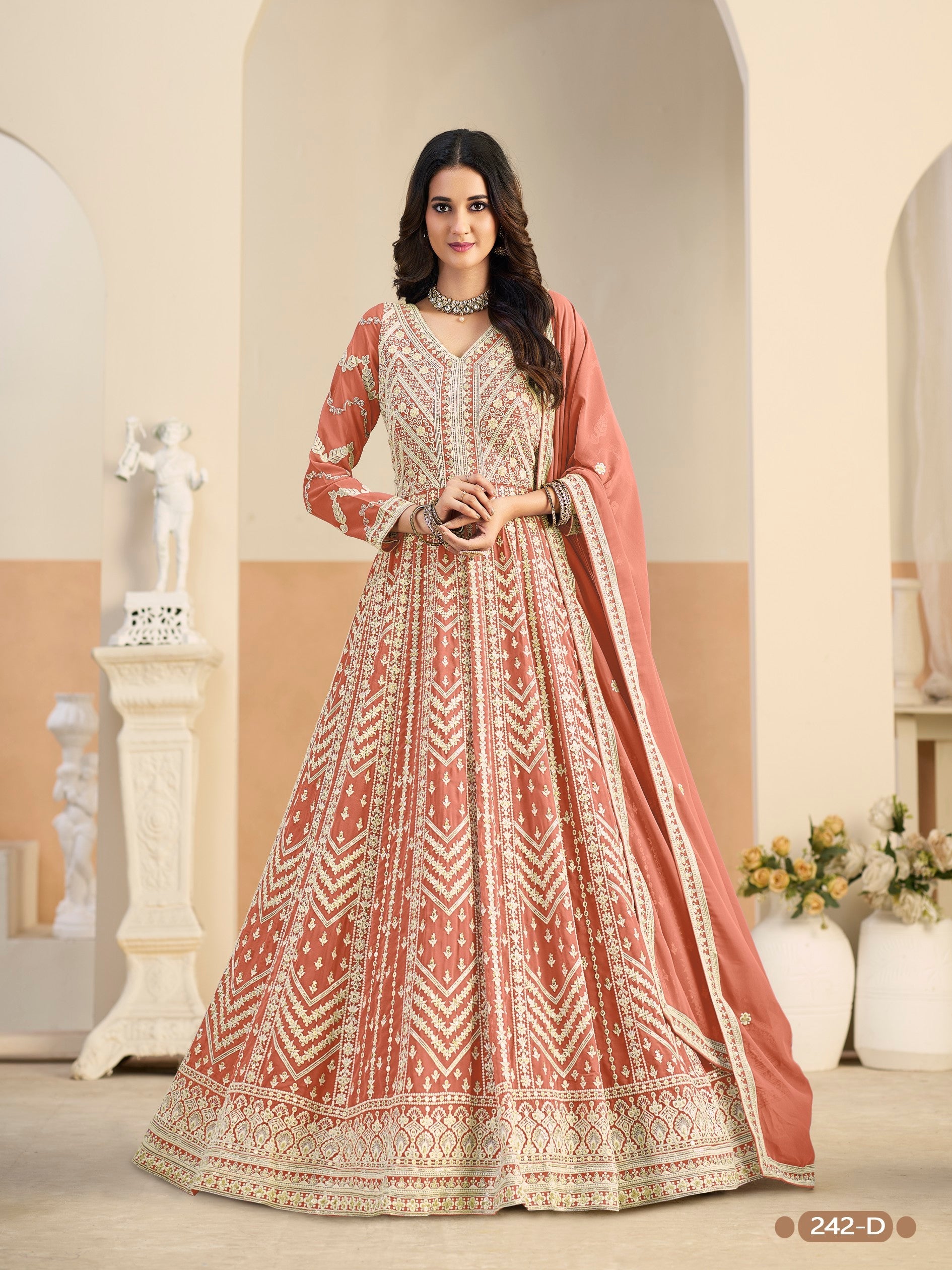 Anaita Light Orange Heavy Embroidered Faux Georgette Anarkali Suit With Salwar