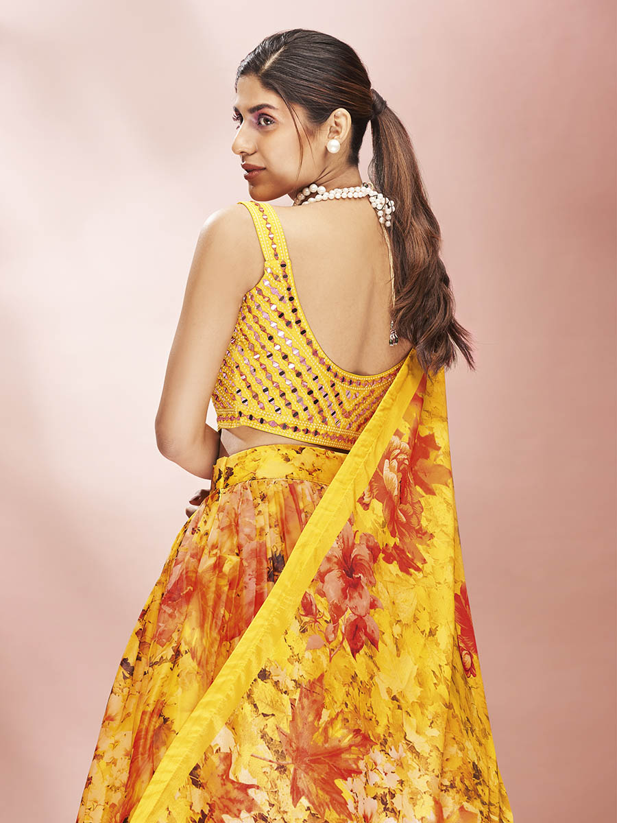 Myra Yellow Art Silk Embroidered Mirror Work Lehenga