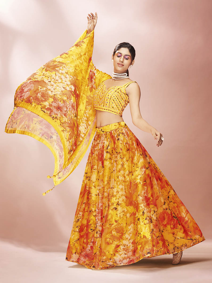Myra Yellow Art Silk Embroidered Mirror Work Lehenga