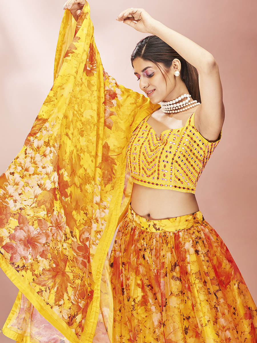 Myra Yellow Art Silk Embroidered Mirror Work Lehenga