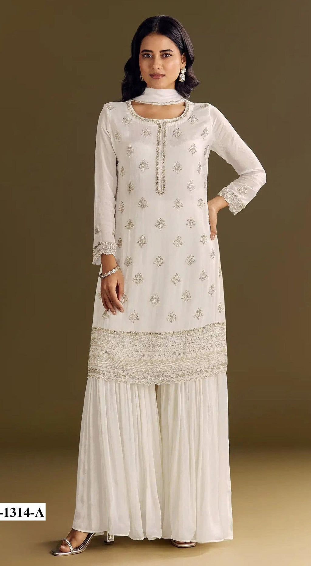 Anaita White Heavy Chinon Suit With Embroidery Bits Work