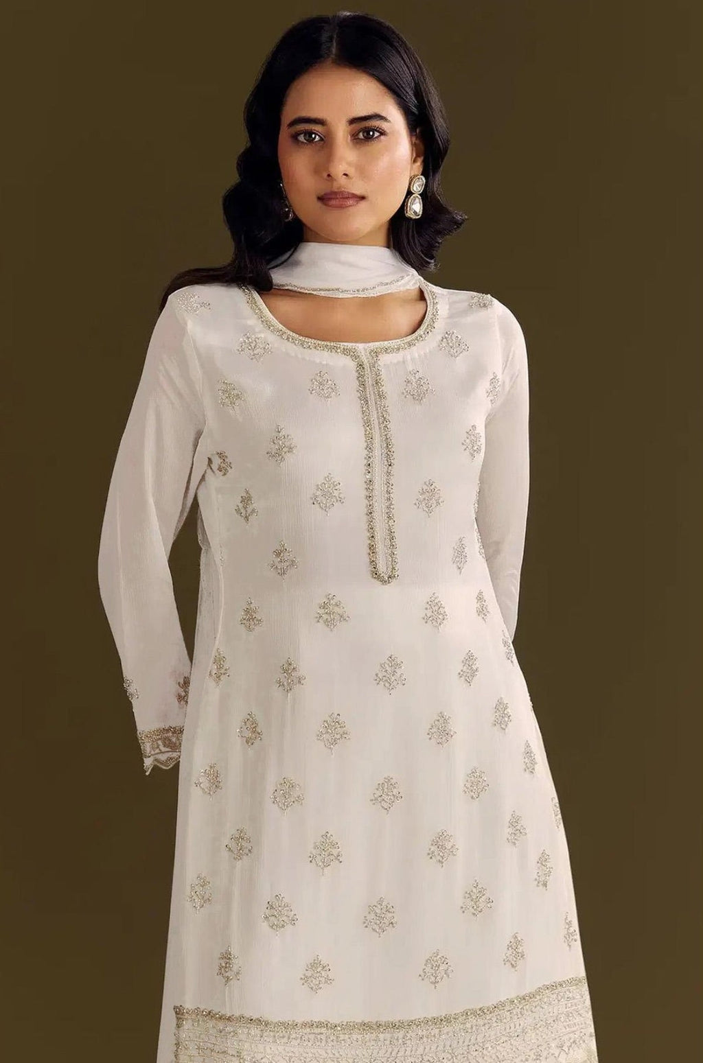 Anaita White Heavy Chinon Suit With Embroidery Bits Work