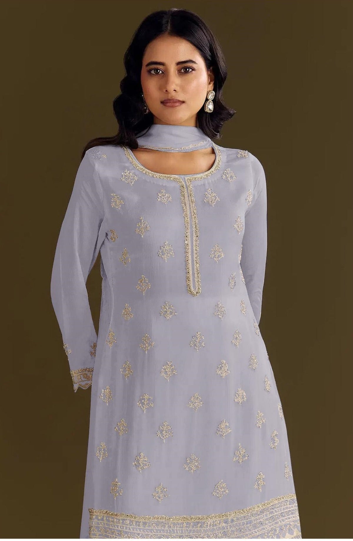 Anaita Lavender Heavy Chinon Suit With Embroidery Bits Work