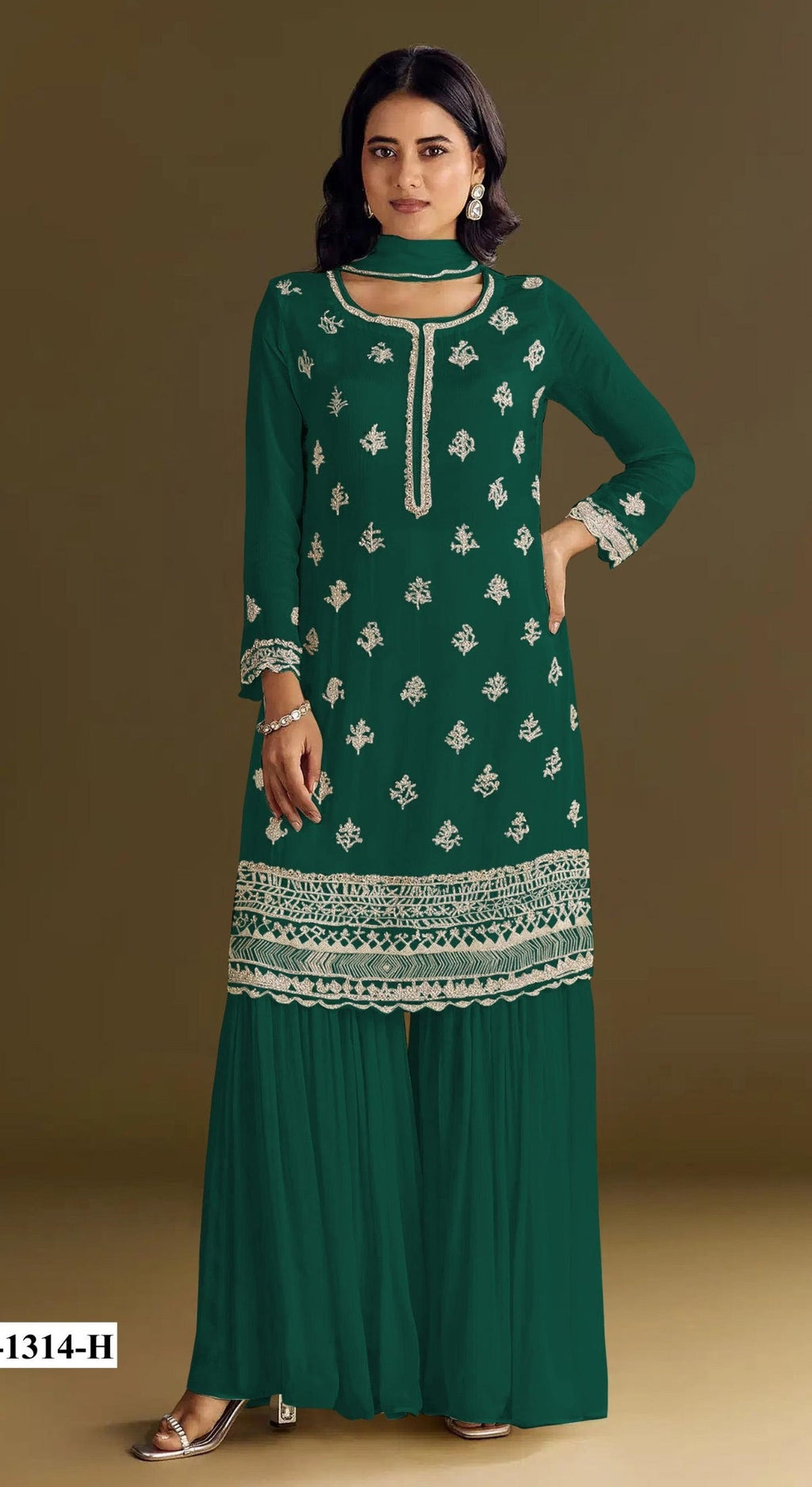 Anaita Dark Green Heavy Chinon Suit With Embroidery Bits Work