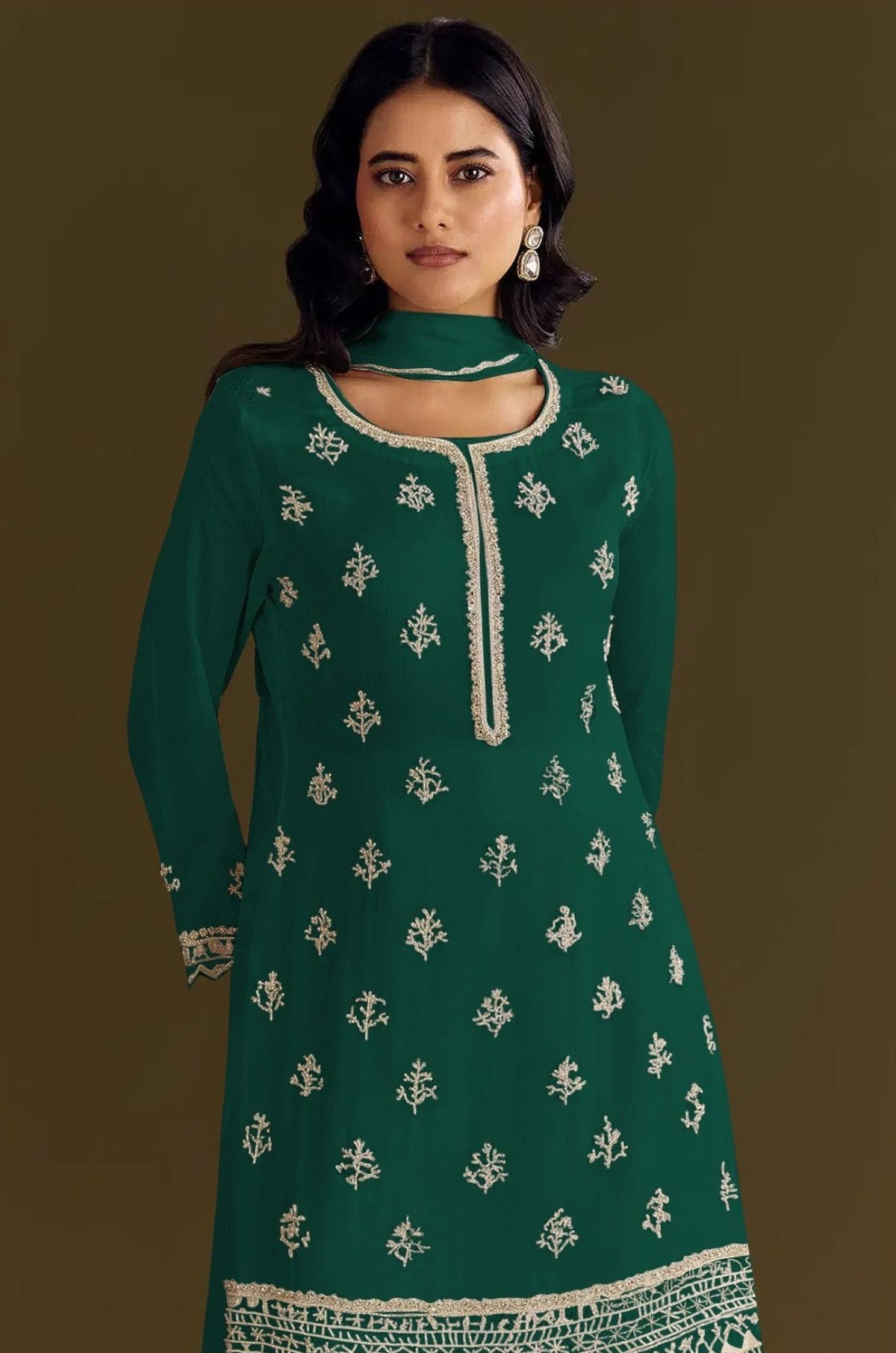 Anaita Dark Green Heavy Chinon Suit With Embroidery Bits Work