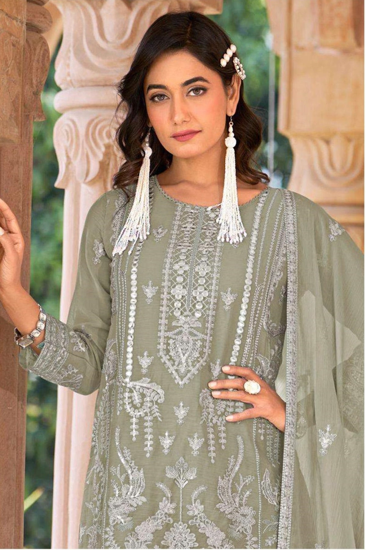 Anaita Sea Green Nylon Organza Suit With Embroidery & Mirror Work