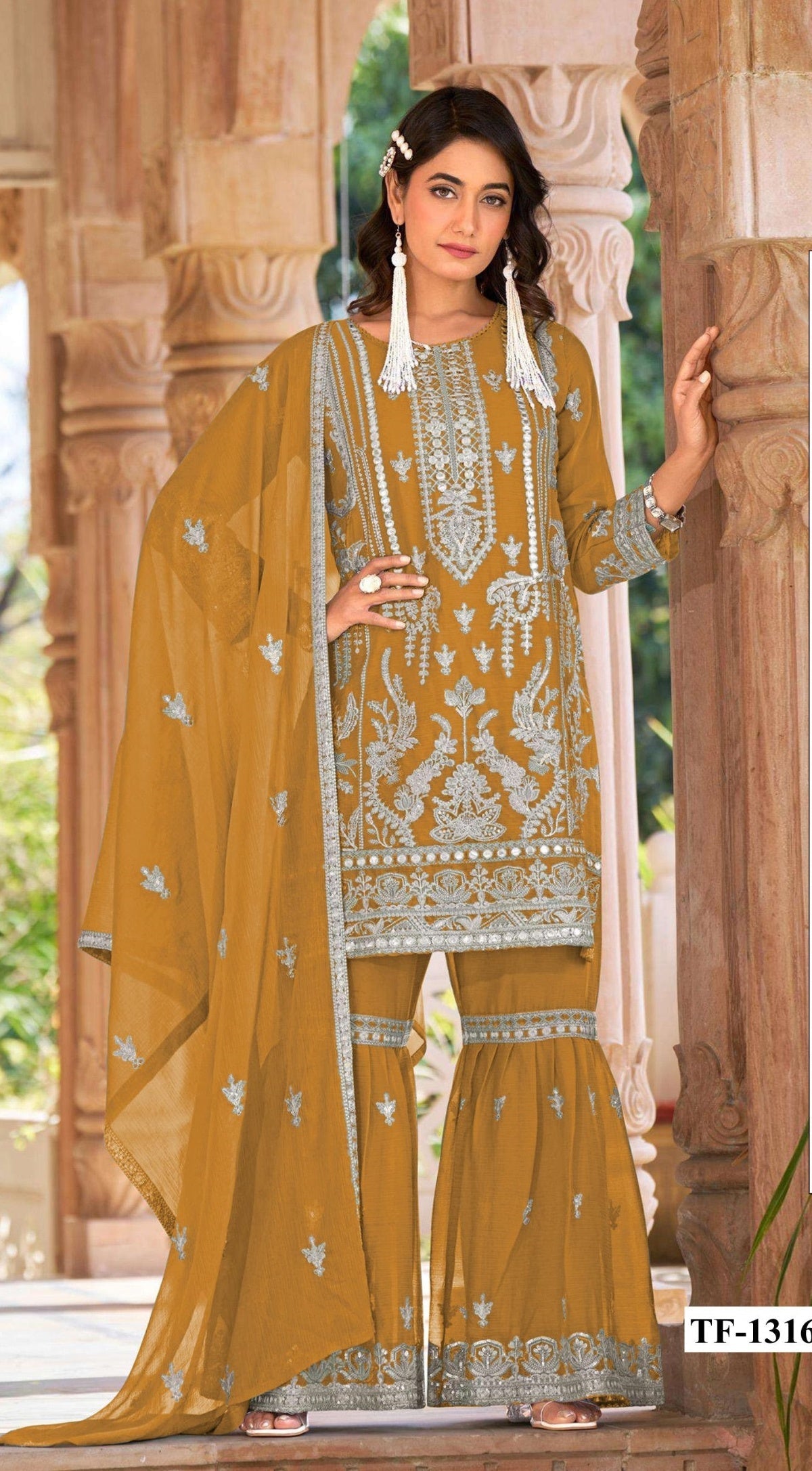 Anaita Gold Nylon Organza Suit With Embroidery & Mirror Work
