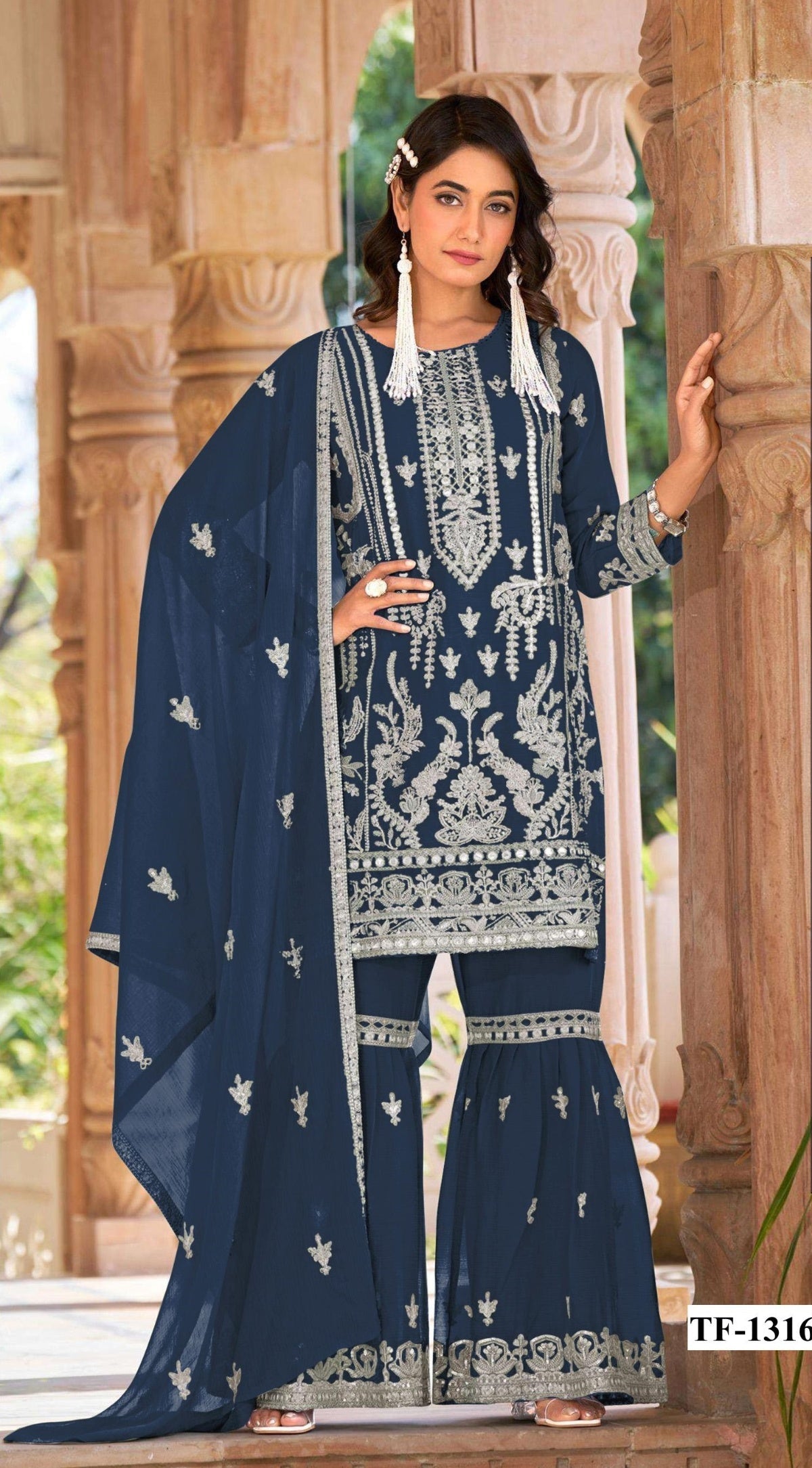Anaita Navy Blue Nylon Organza Suit With Embroidery & Mirror Work