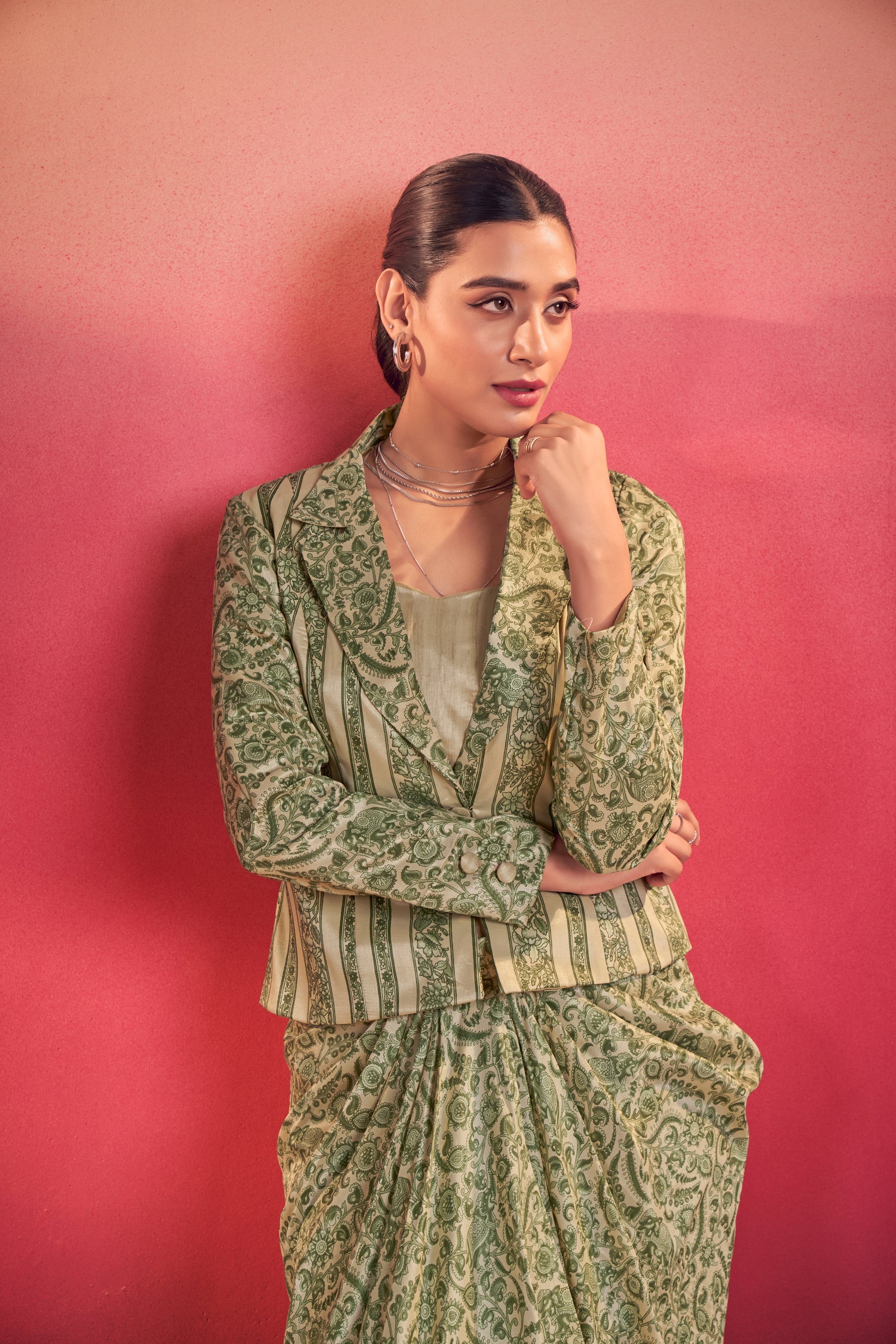 Lorenvalley Fashion Multicolor Tasar Silk Printed Blouse Chic Layer and Stylish Bottom Co-ord Set