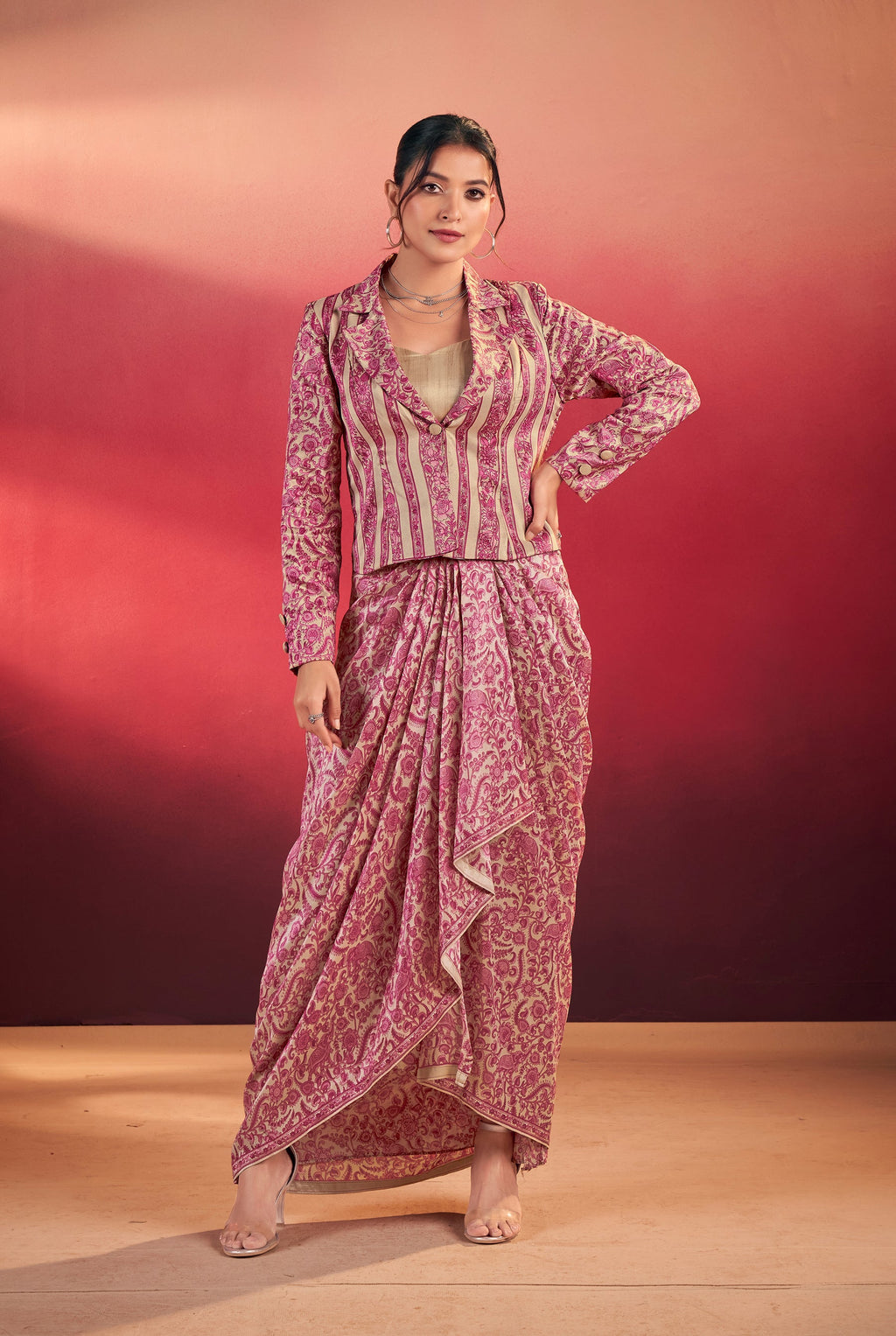 Lorenvalley Fashion Multicolor Tasar Silk Printed Blouse Chic Layer and Stylish Bottom Co-ord Set