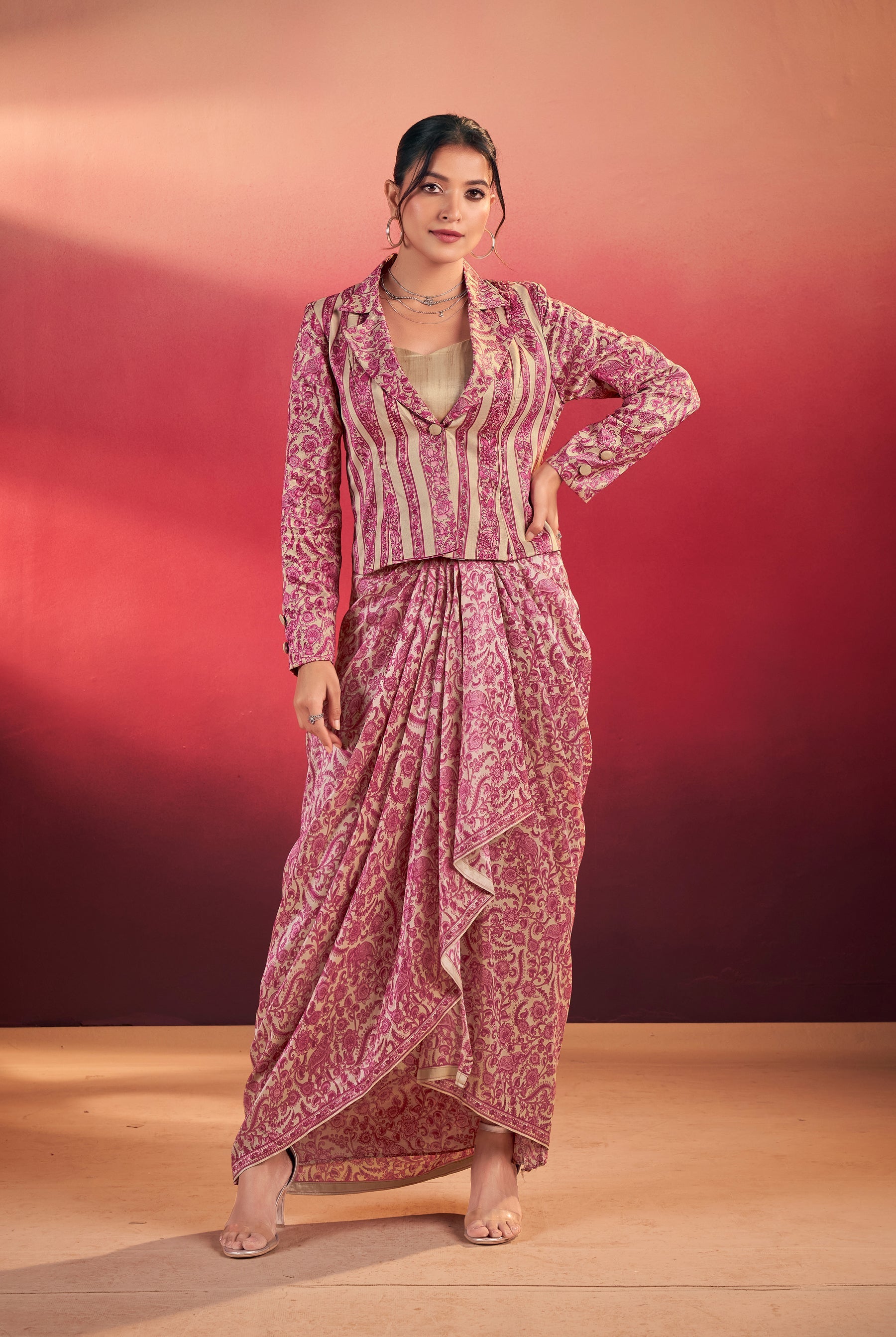 Lorenvalley Fashion Multicolor Tasar Silk Printed Blouse Chic Layer and Stylish Bottom Co-ord Set