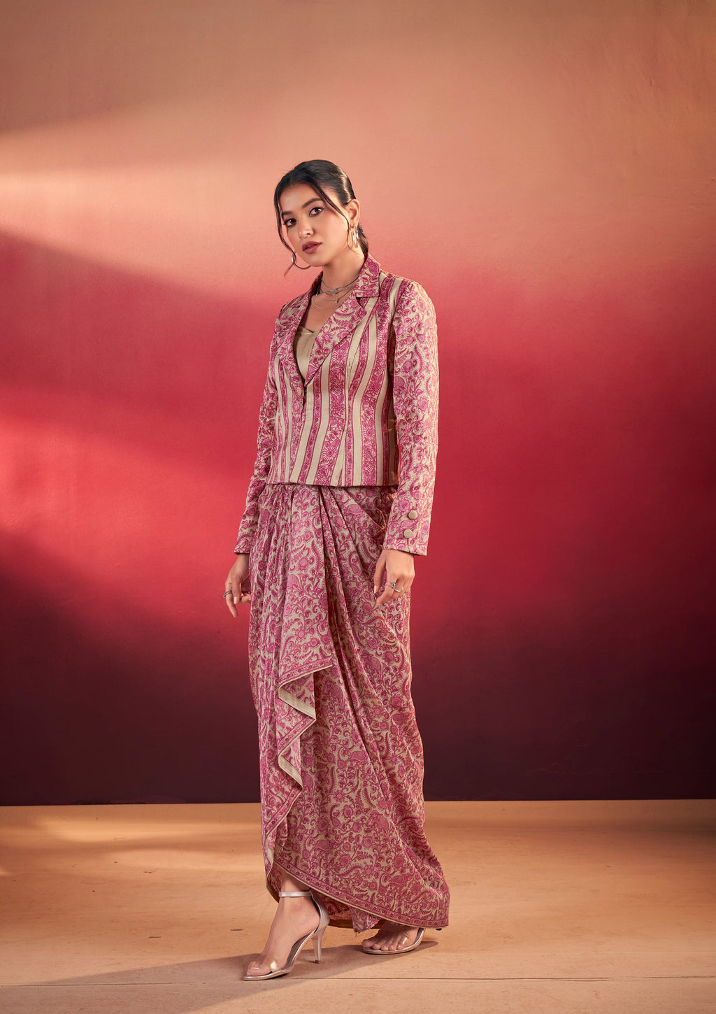 Lorenvalley Fashion Multicolor Tasar Silk Printed Blouse Chic Layer and Stylish Bottom Co-ord Set