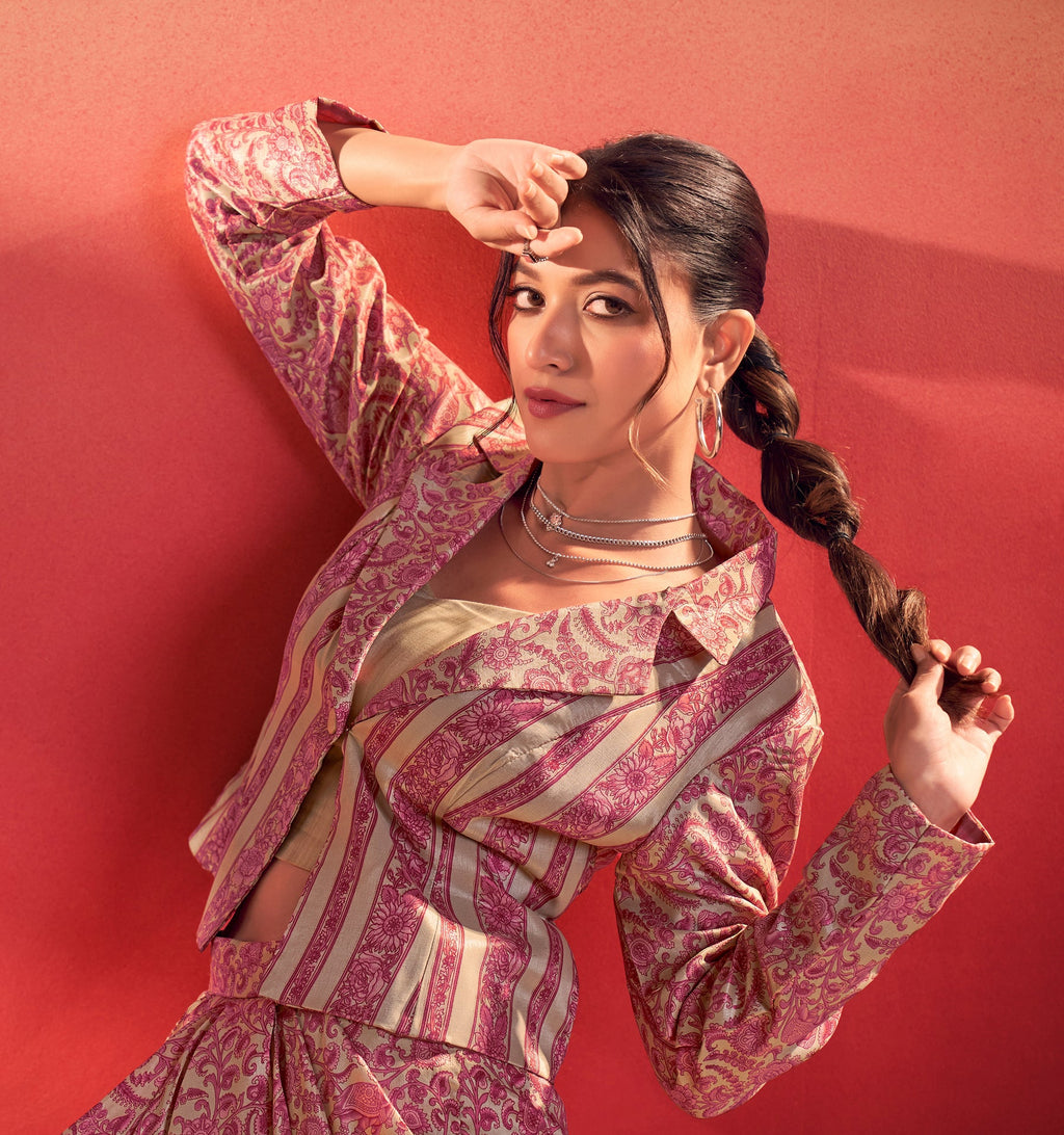 Lorenvalley Fashion Multicolor Tasar Silk Printed Blouse Chic Layer and Stylish Bottom Co-ord Set