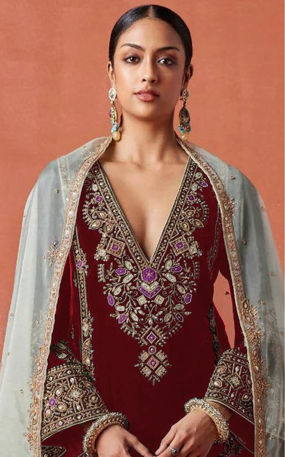 Anaita Red Heavy Velvet Suit With Embroidery Work