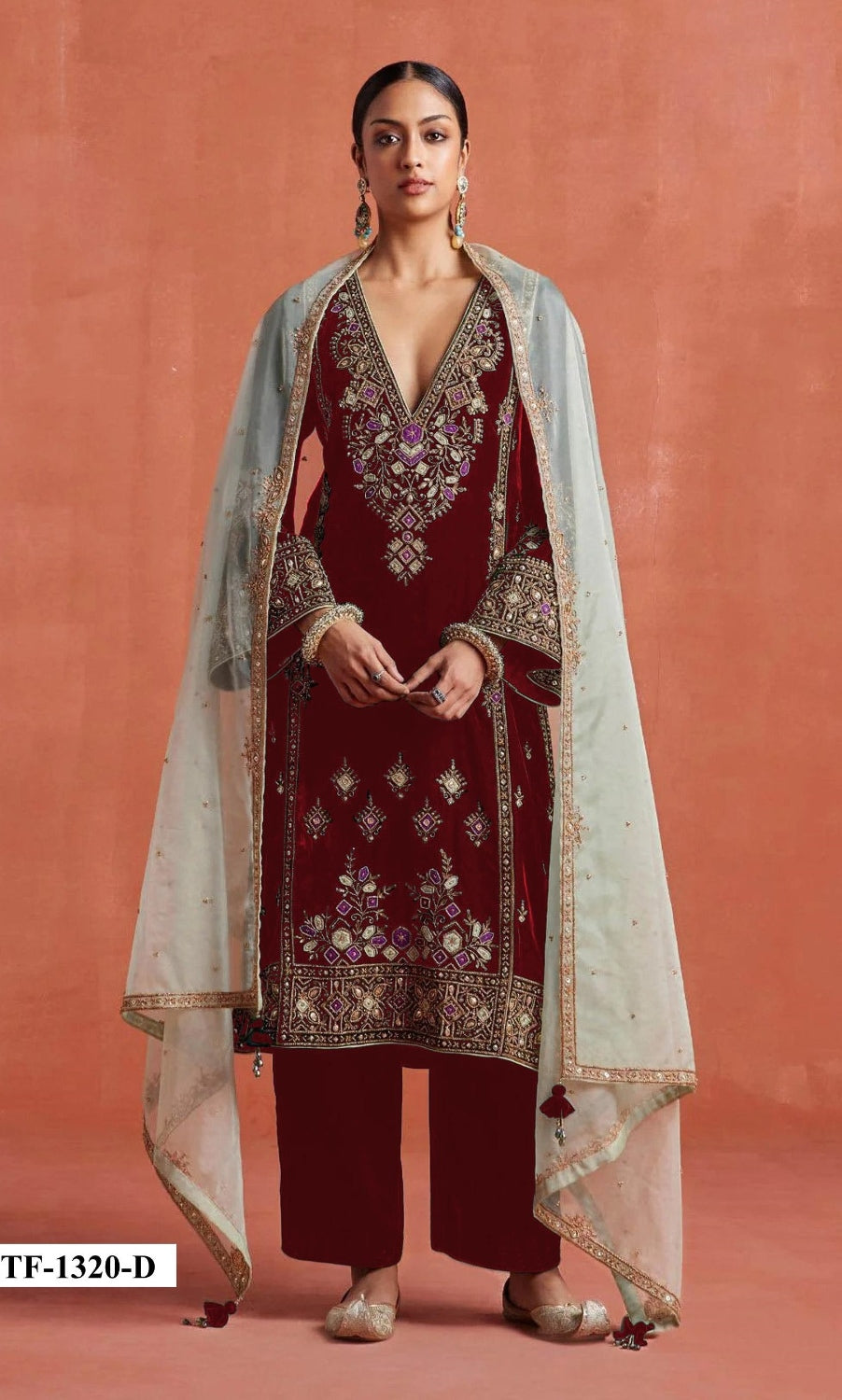 Anaita Red Heavy Velvet Suit With Embroidery Work