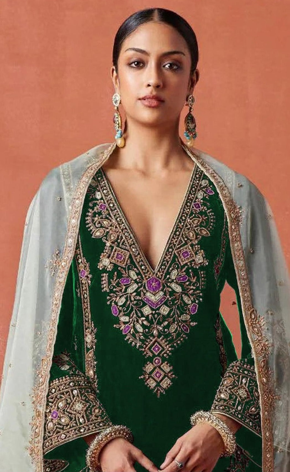 Anaita Dark Green Heavy Velvet Suit With Embroidery Work