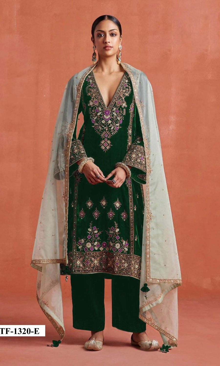 Anaita Dark Green Heavy Velvet Suit With Embroidery Work