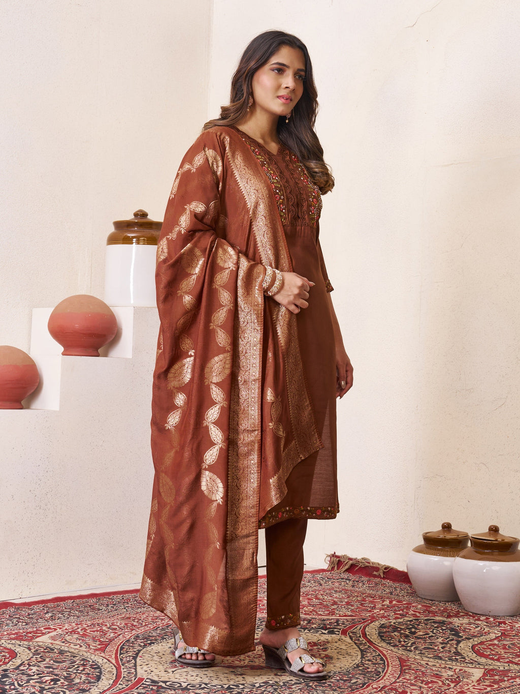 Vedant Vastram Roman Silk Hand Work & Embroidery Work Stitched Kurta Pant Dupatta Set-Brown