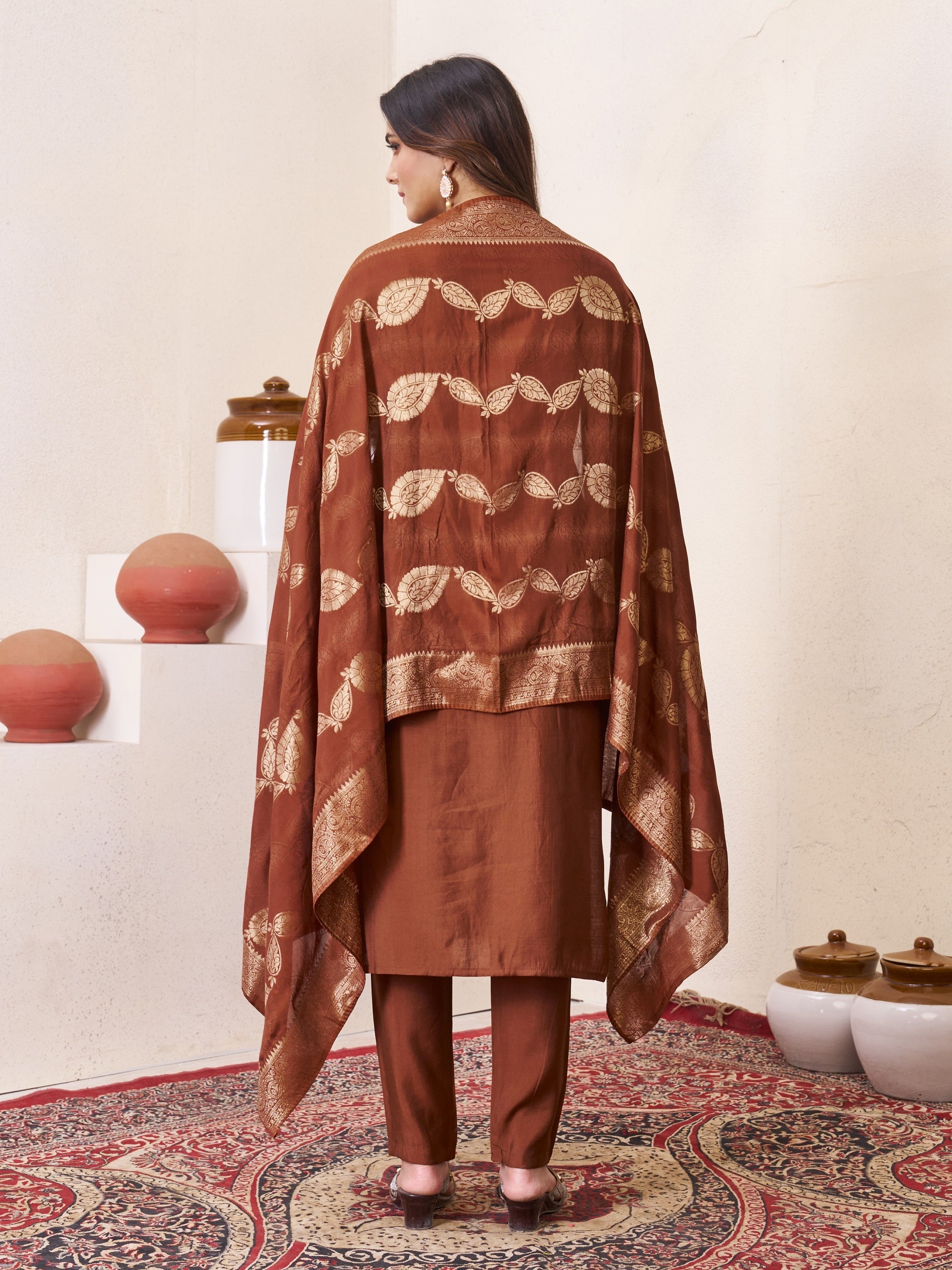 Vedant Vastram Roman Silk Hand Work & Embroidery Work Stitched Kurta Pant Dupatta Set-Brown