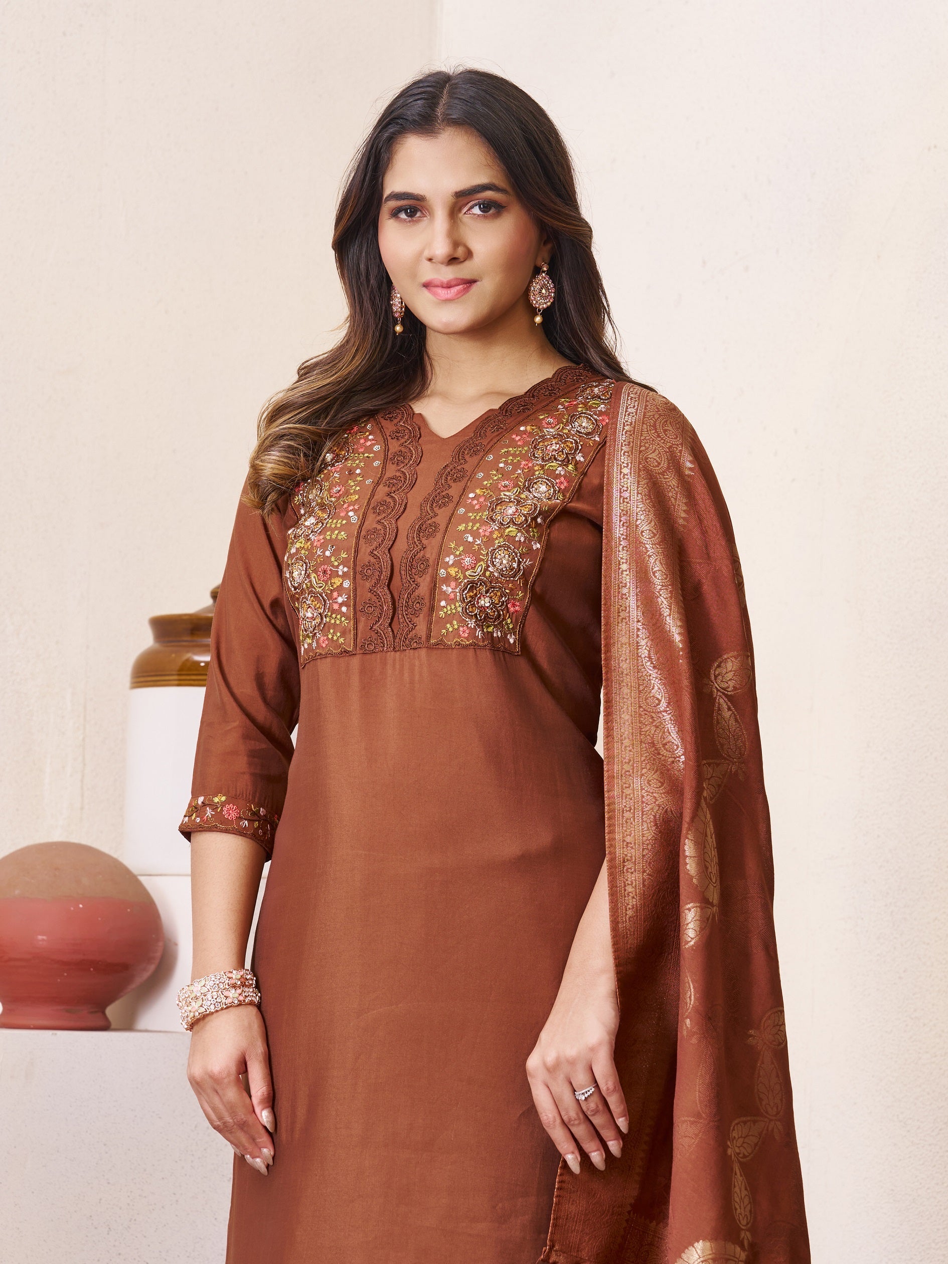Vedant Vastram Roman Silk Hand Work & Embroidery Work Stitched Kurta Pant Dupatta Set-Brown