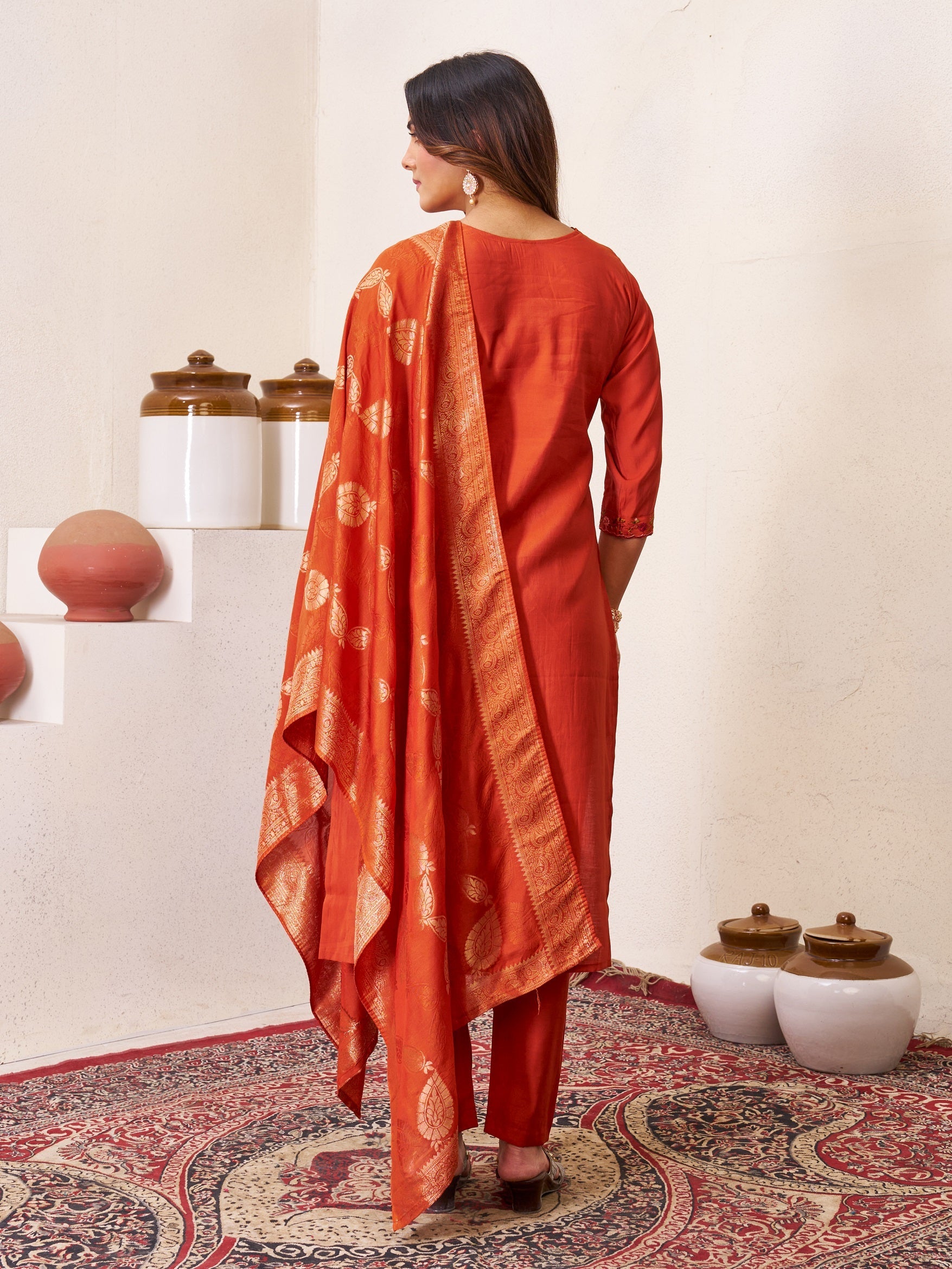 Vedant Vastram Roman Silk Hand Work & Embroidery Work Stitched Kurta Pant Dupatta Set-Coral Red