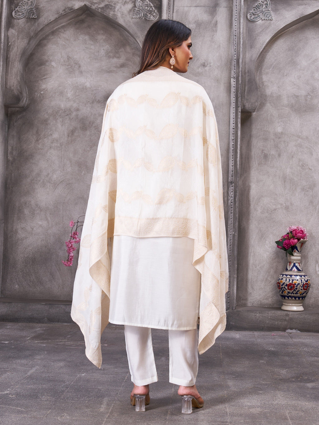 Vedant Vastram Roman Silk Hand Work & Embroidery Work Stitched Kurta Pant Dupatta Set-White