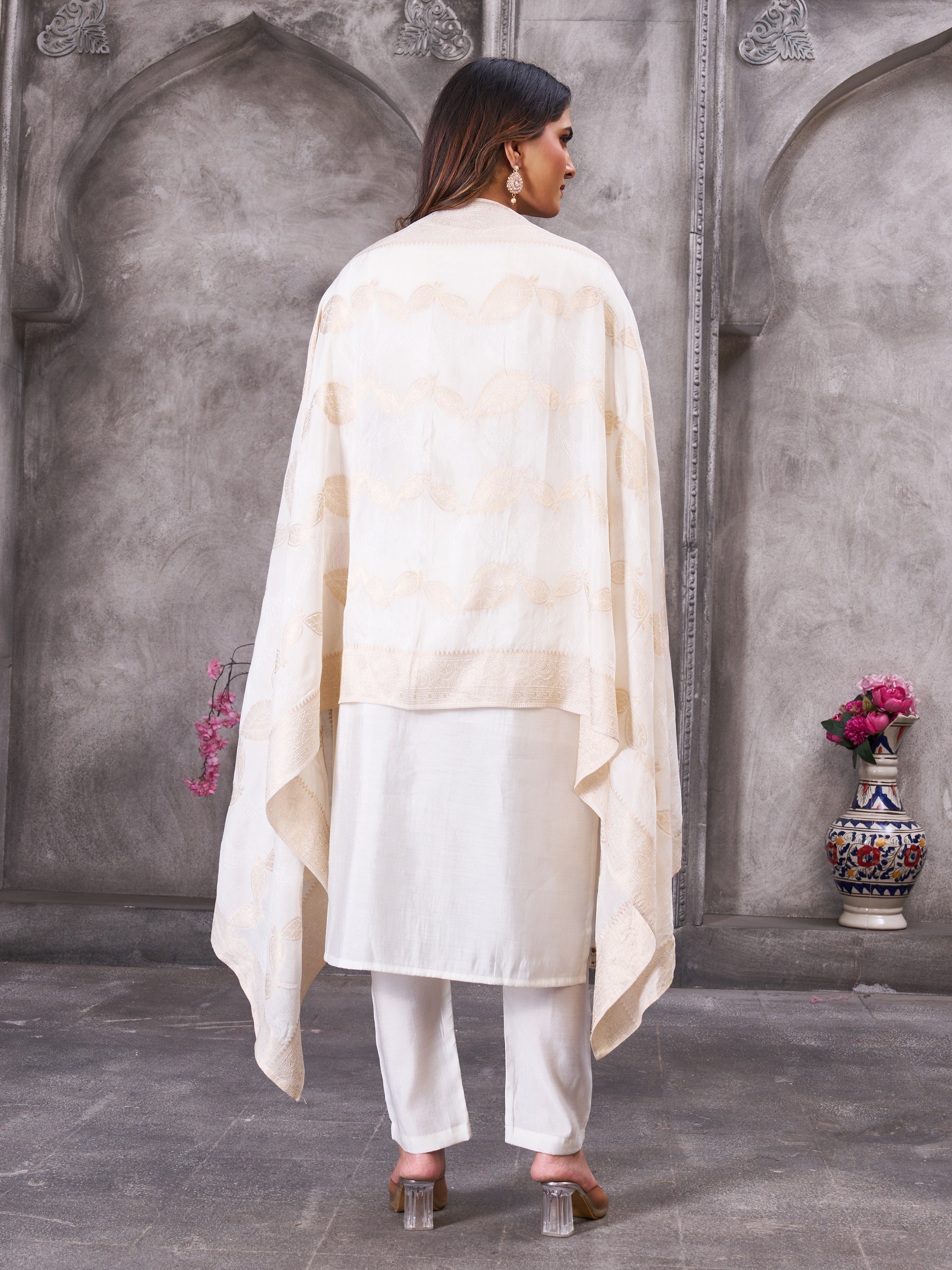 Vedant Vastram Roman Silk Hand Work & Embroidery Work Stitched Kurta Pant Dupatta Set-White