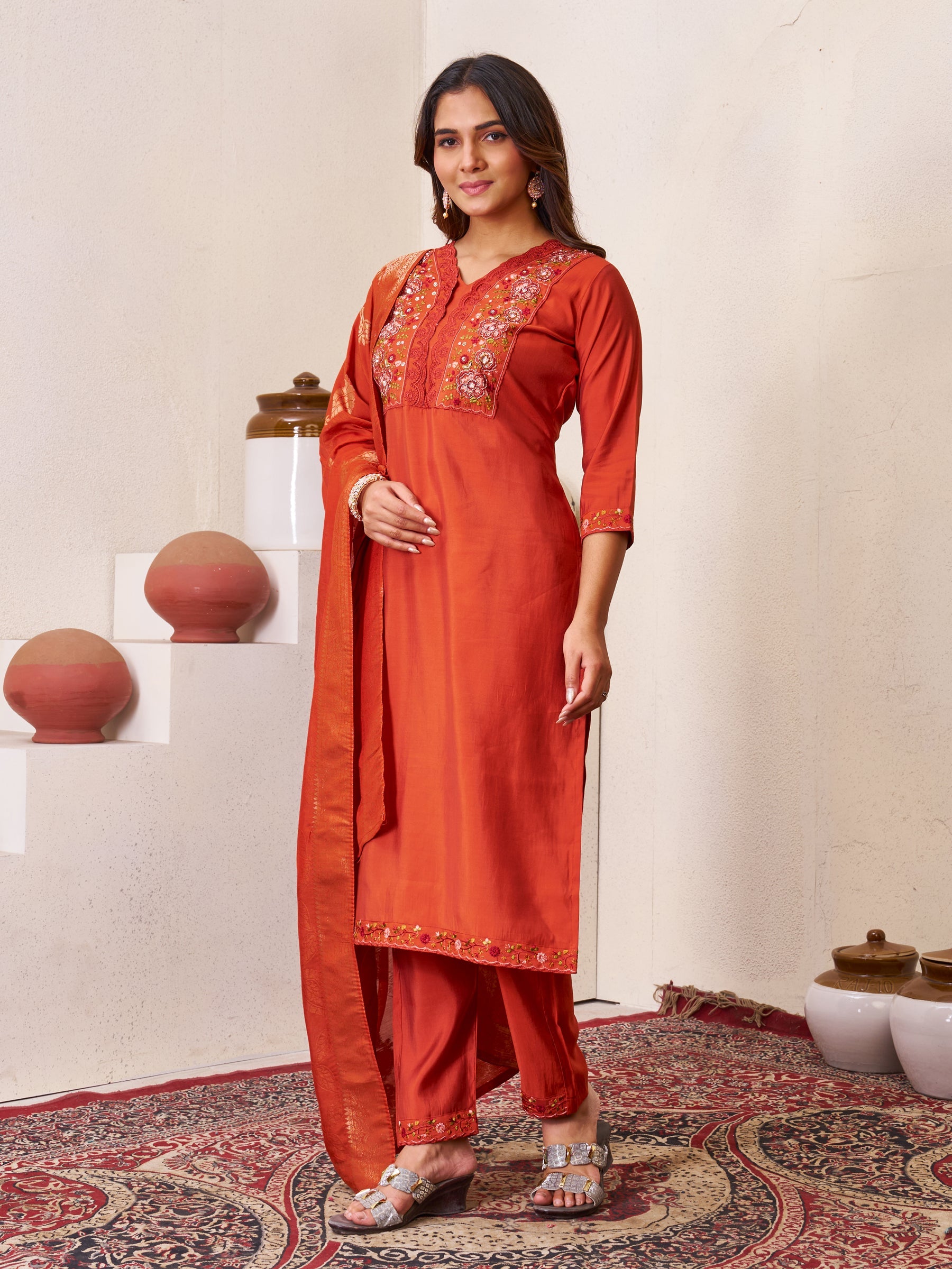 Lorenvalley Fashion Rust Roman Silk Multi Embroidery Sequins With Hand Work Kurta Pant Dupatta