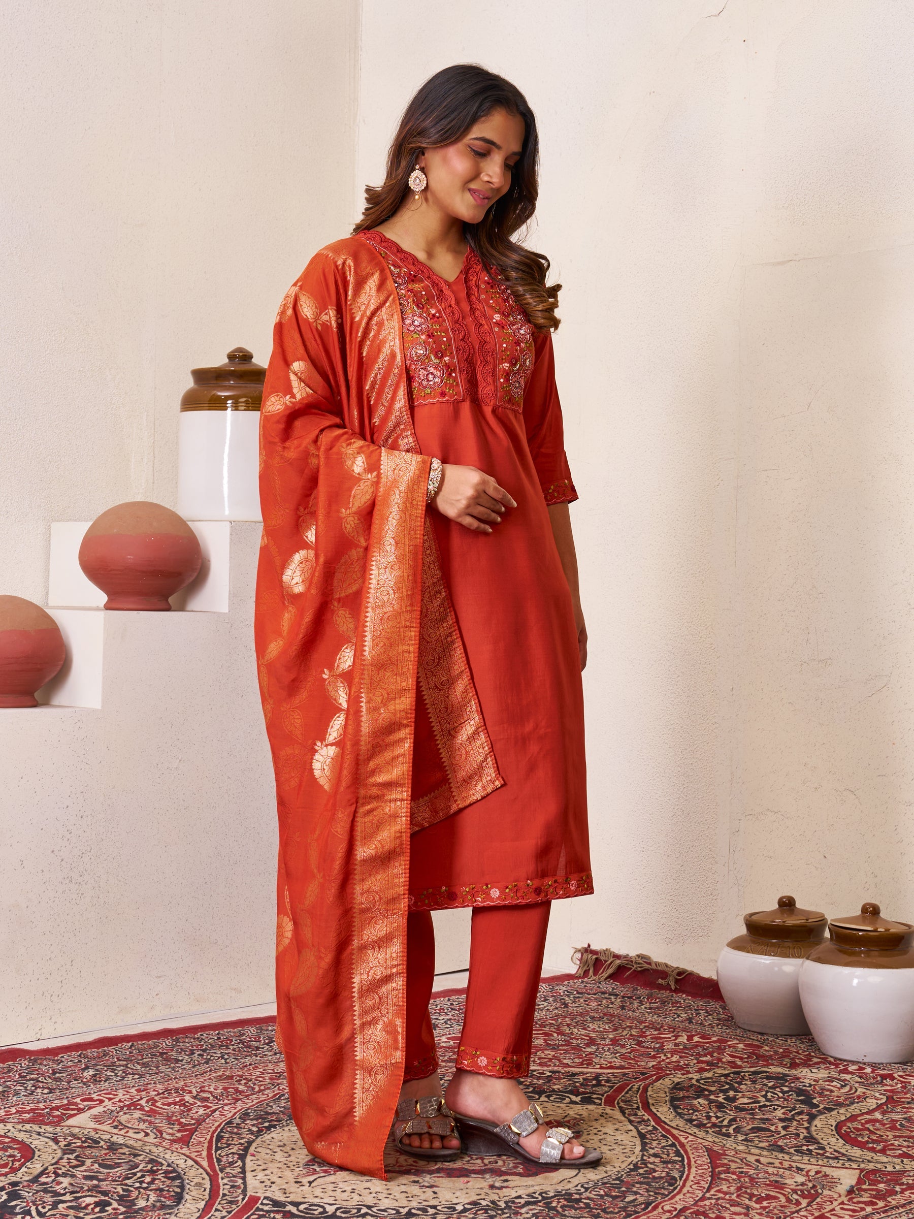 Lorenvalley Fashion Rust Roman Silk Multi Embroidery Sequins With Hand Work Kurta Pant Dupatta