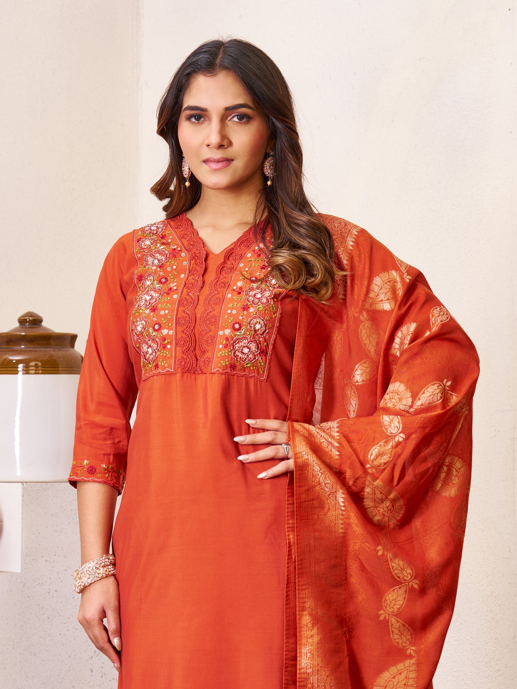 Lorenvalley Fashion Rust Roman Silk Multi Embroidery Sequins With Hand Work Kurta Pant Dupatta