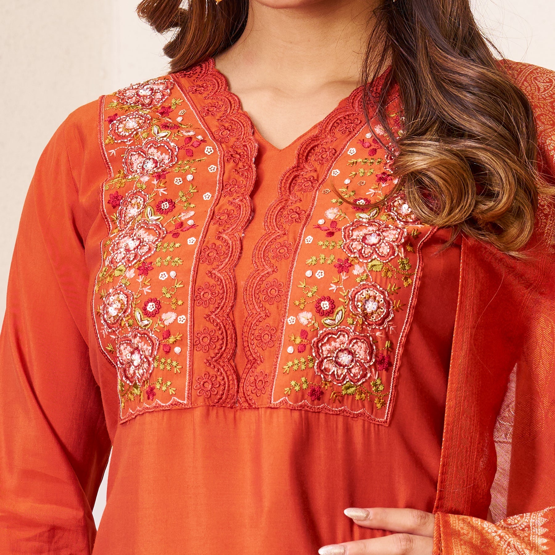 Lorenvalley Fashion Rust Roman Silk Multi Embroidery Sequins With Hand Work Kurta Pant Dupatta
