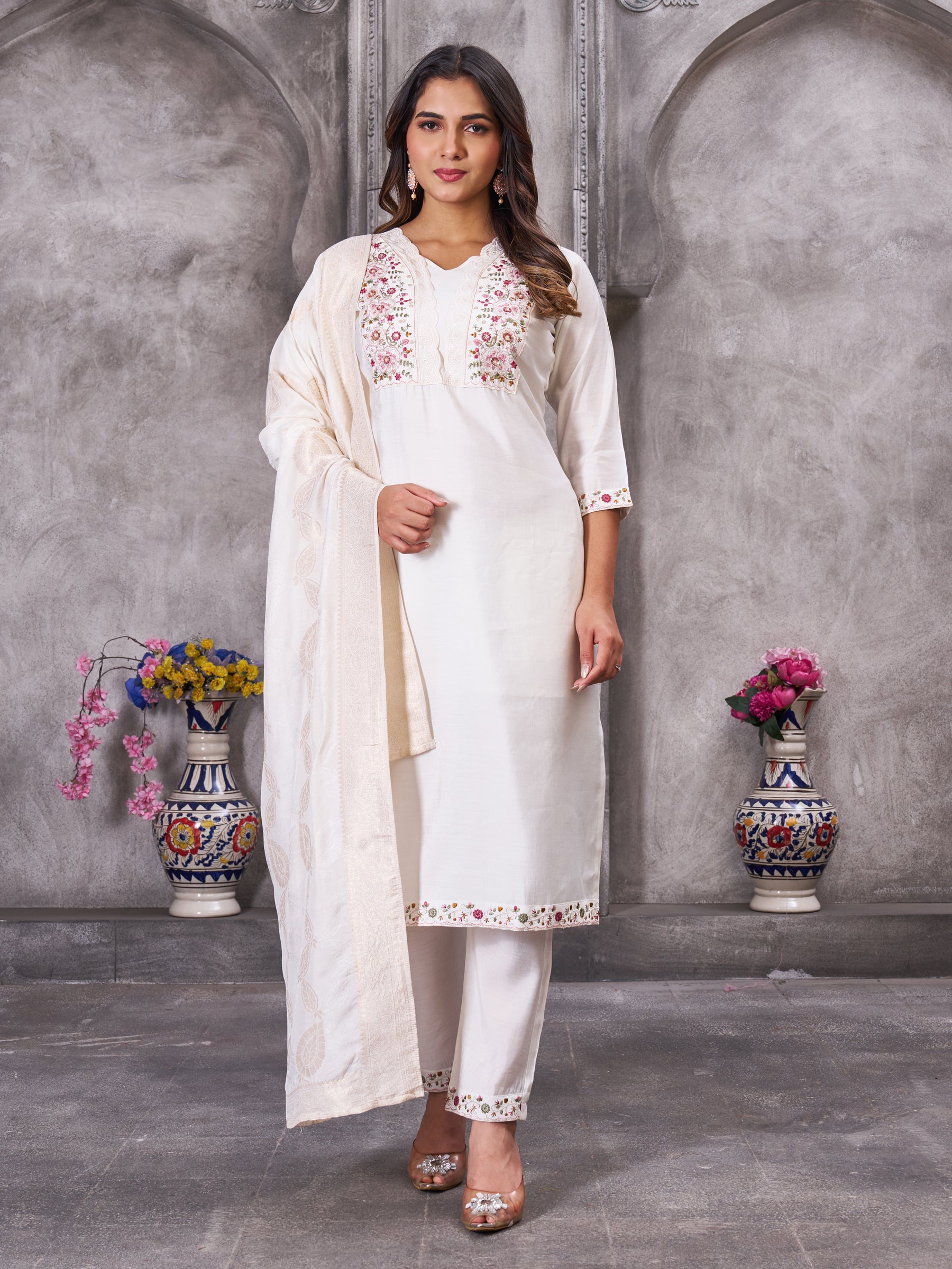 Lorenvalley Fashion White Roman Silk Multi Embroidery Sequins With Hand Work Kurta Pant Dupatta