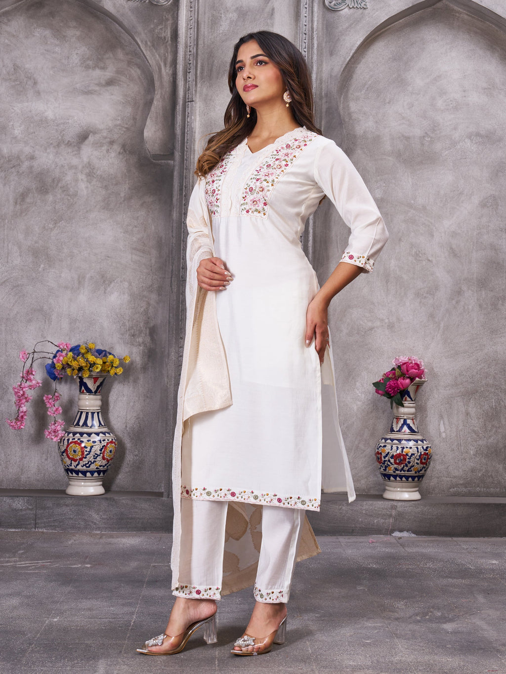 Lorenvalley Fashion White Roman Silk Multi Embroidery Sequins With Hand Work Kurta Pant Dupatta