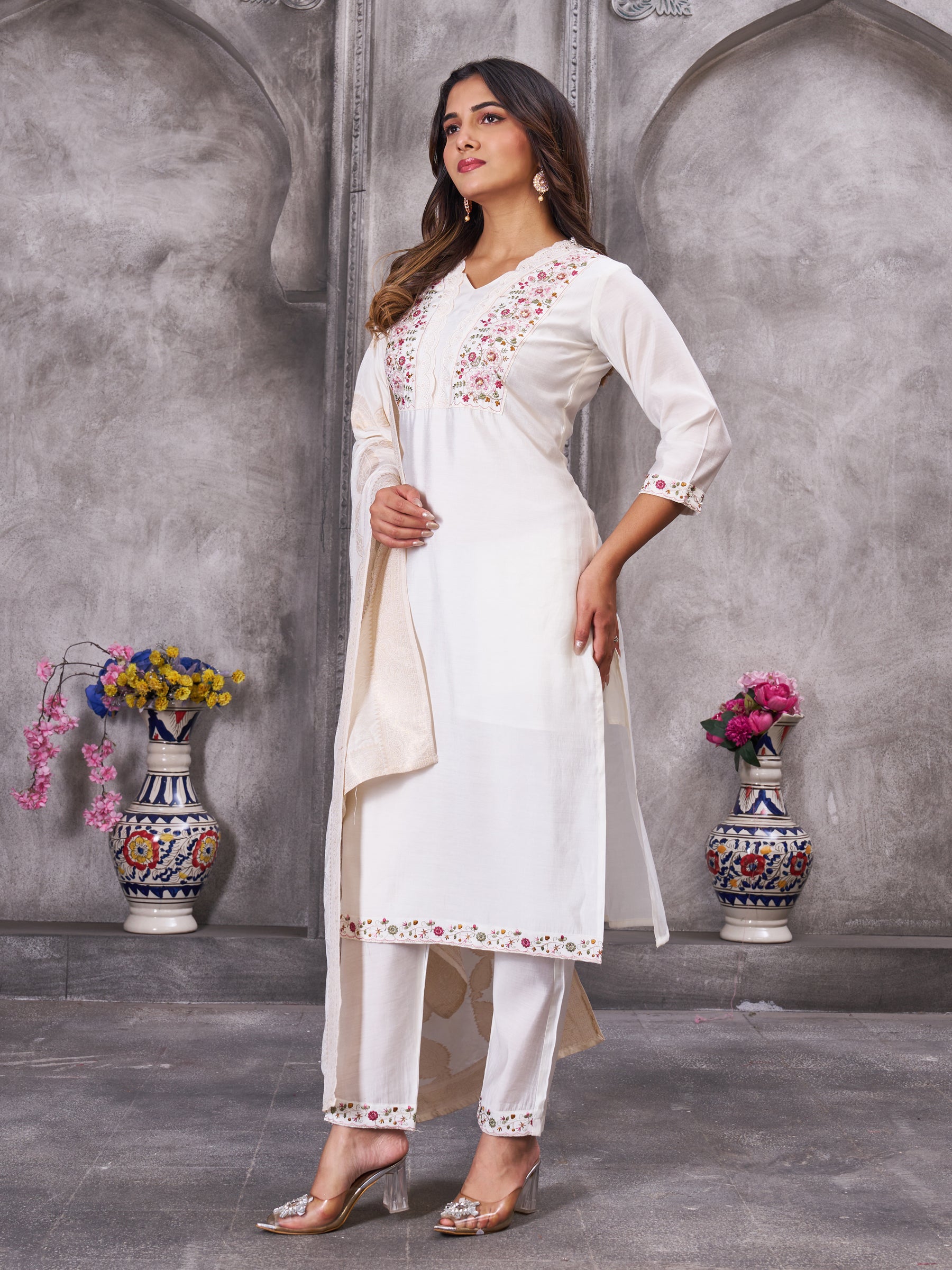 Lorenvalley Fashion White Roman Silk Multi Embroidery Sequins With Hand Work Kurta Pant Dupatta