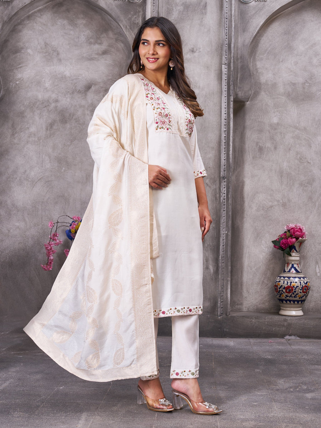 Lorenvalley Fashion White Roman Silk Multi Embroidery Sequins With Hand Work Kurta Pant Dupatta