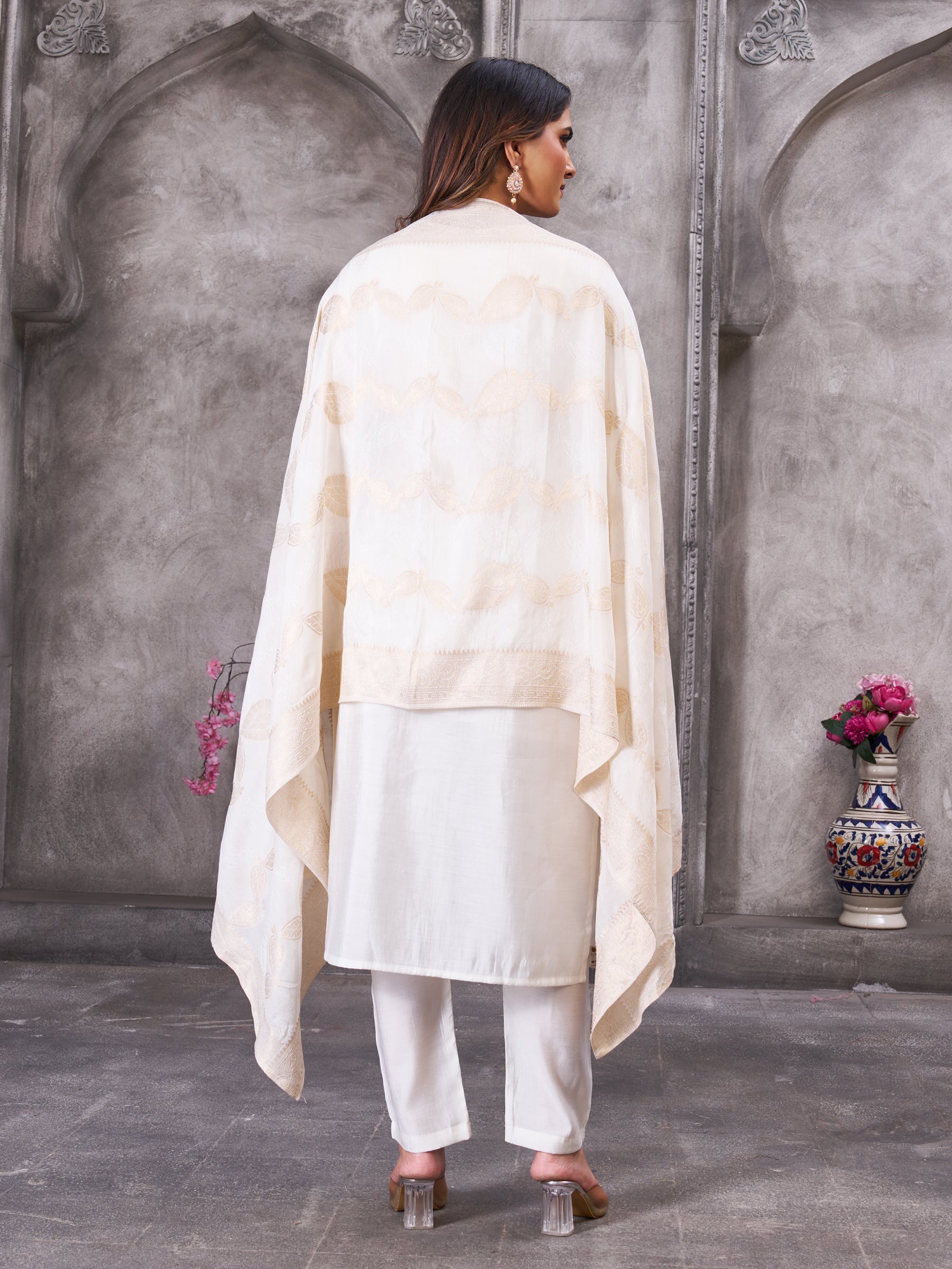 Lorenvalley Fashion White Roman Silk Multi Embroidery Sequins With Hand Work Kurta Pant Dupatta