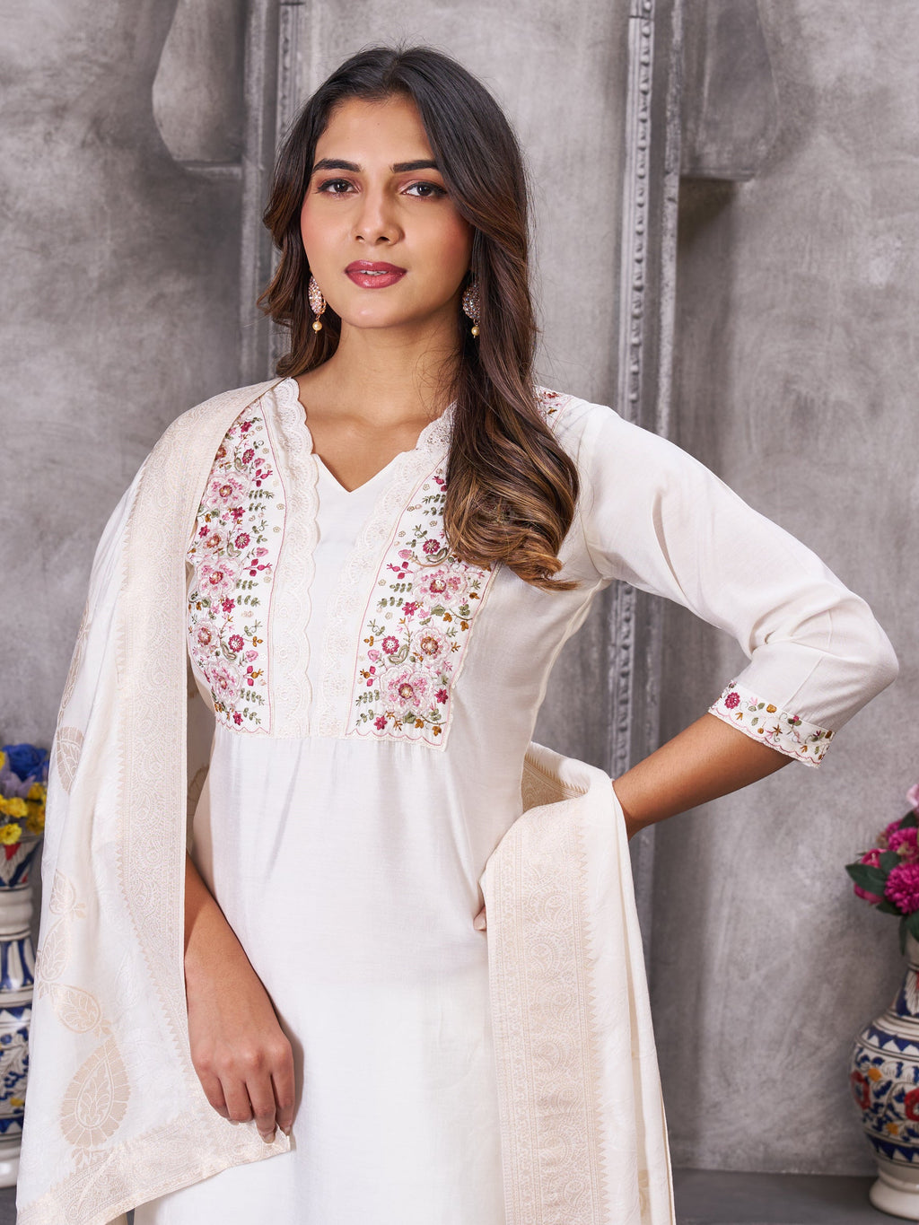 Lorenvalley Fashion White Roman Silk Multi Embroidery Sequins With Hand Work Kurta Pant Dupatta