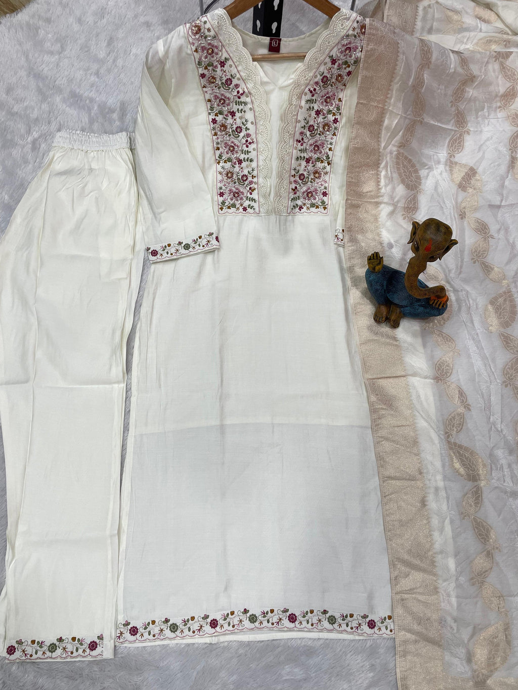 Lorenvalley Fashion White Roman Silk Multi Embroidery Sequins With Hand Work Kurta Pant Dupatta