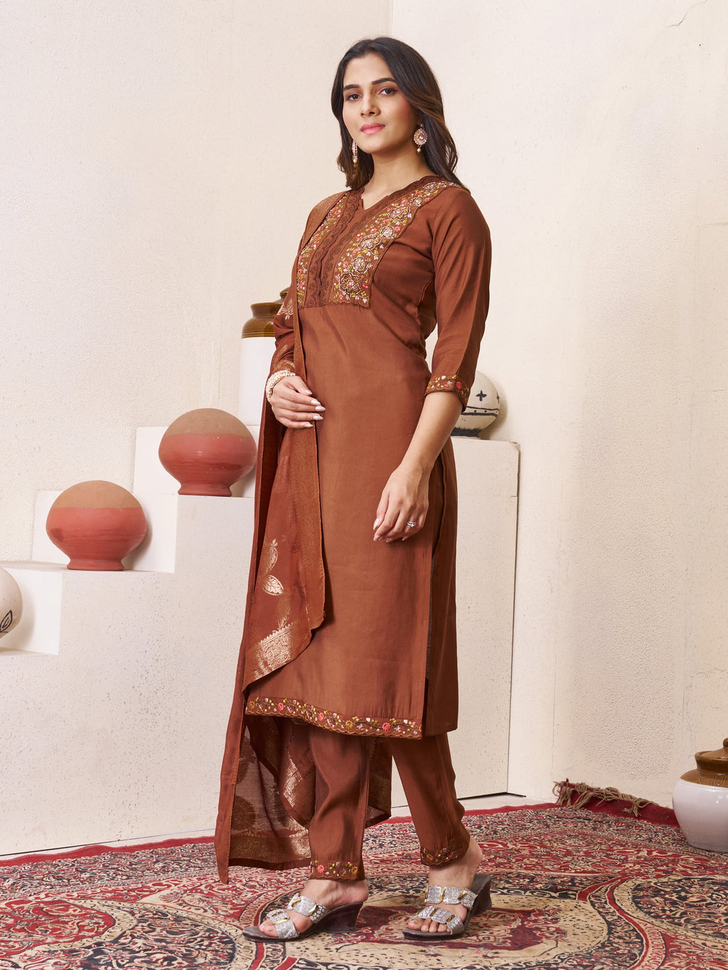 Lorenvalley Fashion Coffee Roman Silk Multi Embroidery Sequins With Hand Work Kurta Pant Dupatta