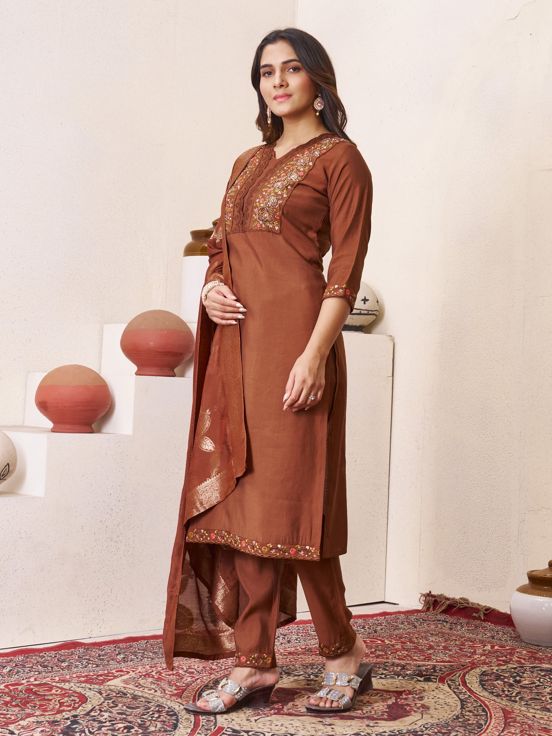 Lorenvalley Fashion Coffee Roman Silk Multi Embroidery Sequins With Hand Work Kurta Pant Dupatta