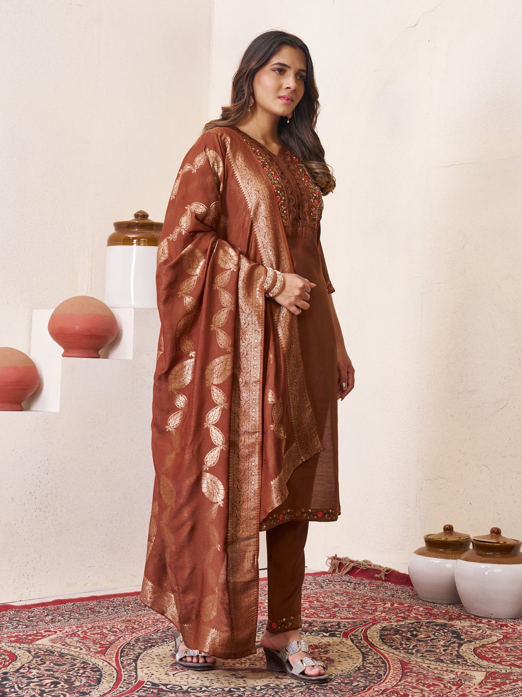 Lorenvalley Fashion Coffee Roman Silk Multi Embroidery Sequins With Hand Work Kurta Pant Dupatta