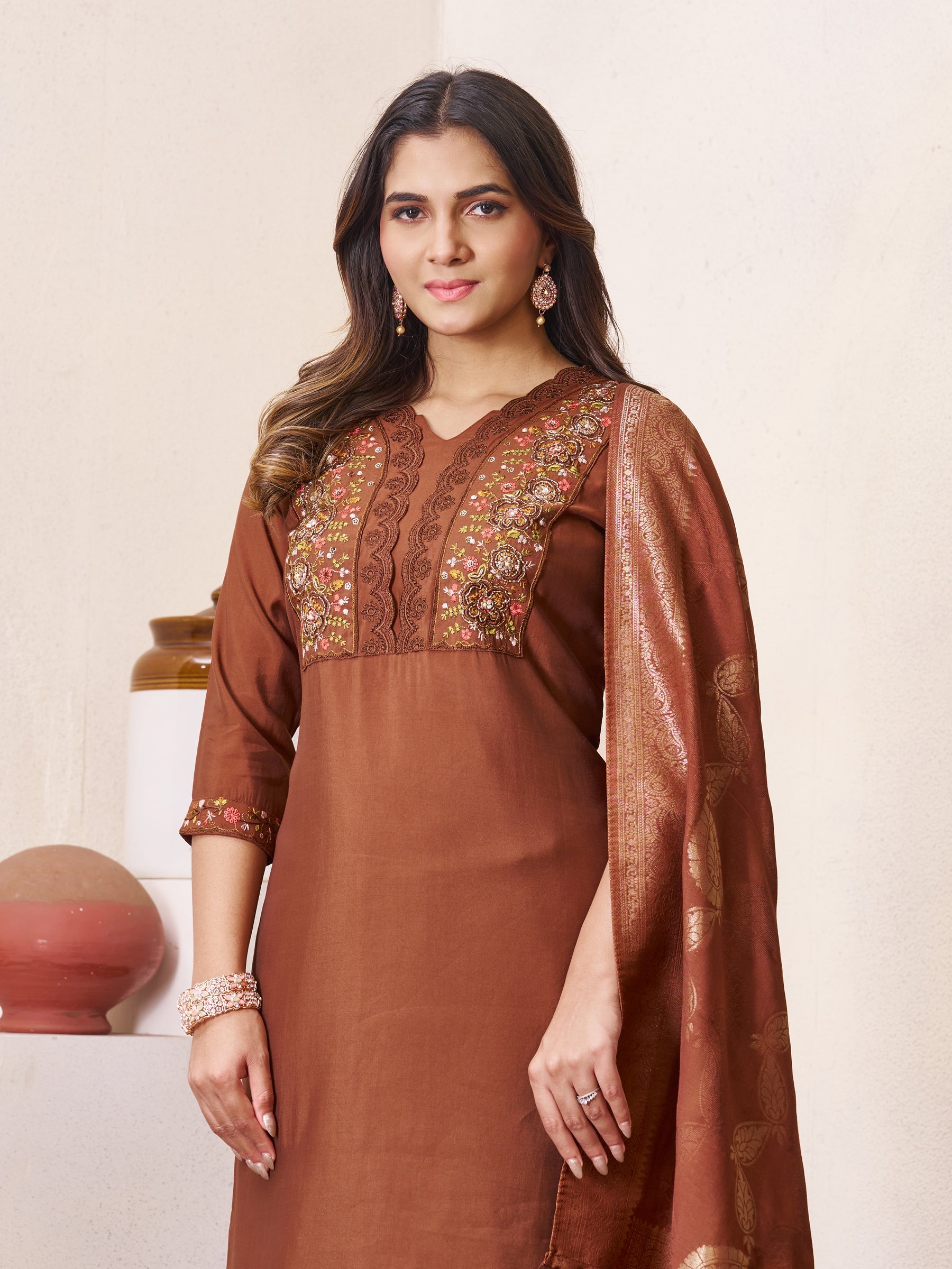 Lorenvalley Fashion Coffee Roman Silk Multi Embroidery Sequins With Hand Work Kurta Pant Dupatta