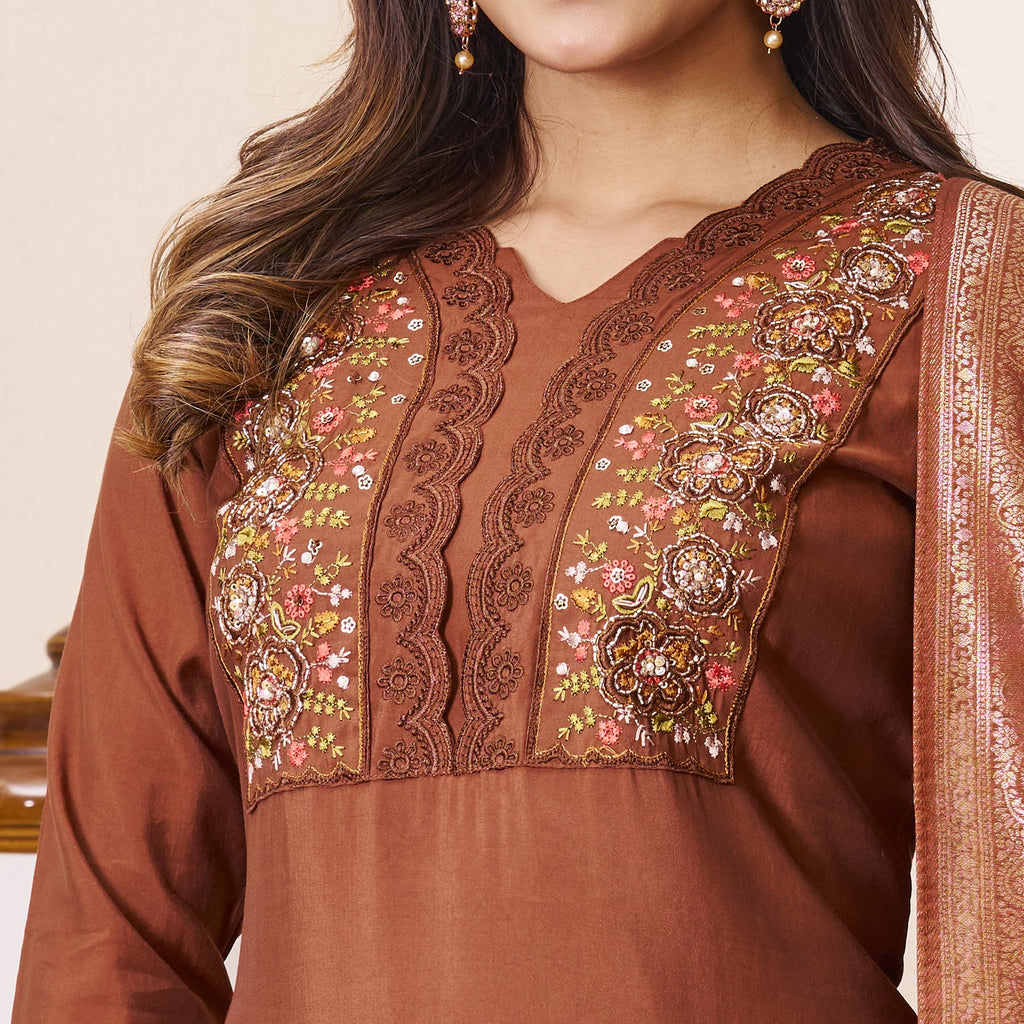 Lorenvalley Fashion Coffee Roman Silk Multi Embroidery Sequins With Hand Work Kurta Pant Dupatta