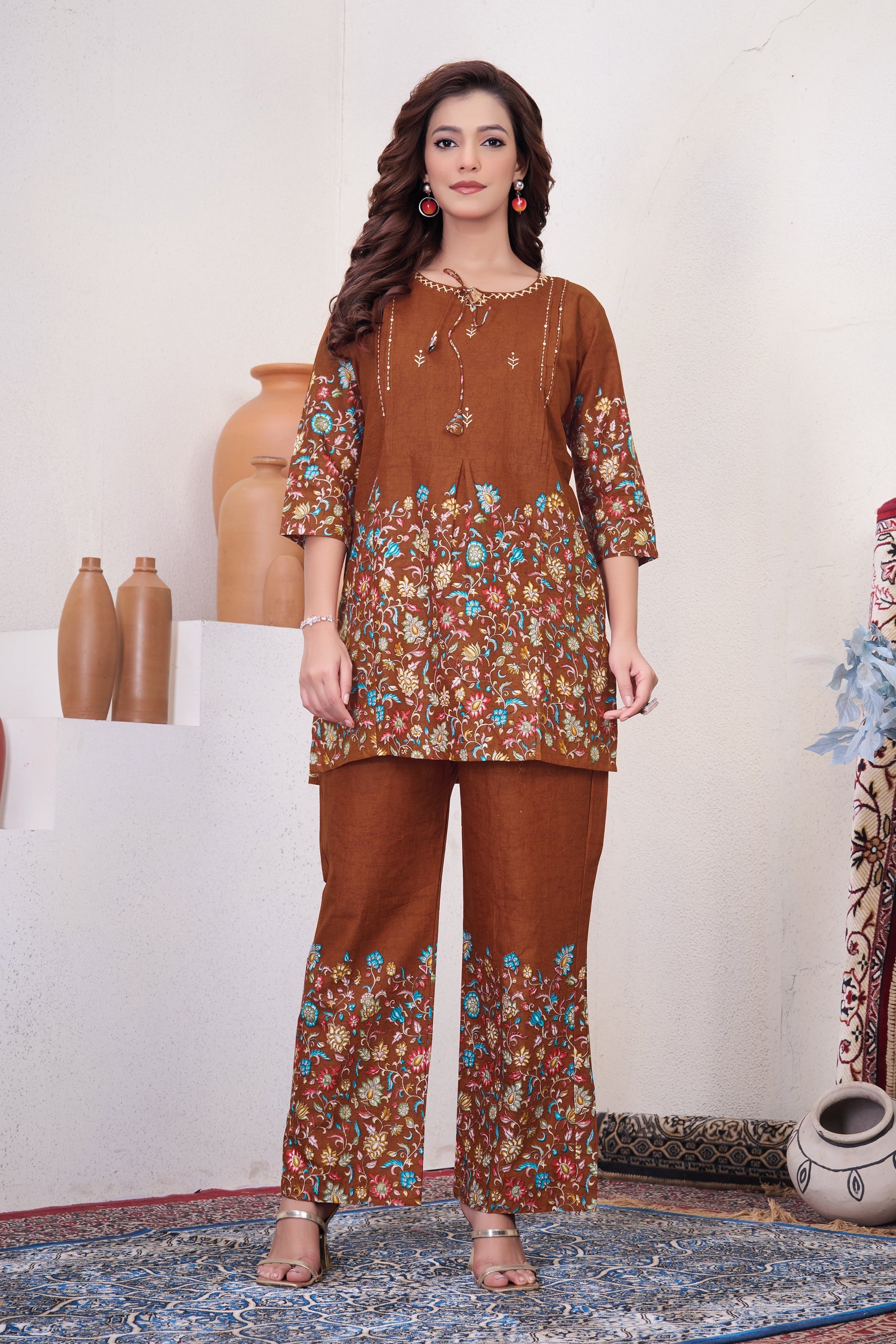 Lorenvalley Fashion Rust Pure Cotton Elegant & Trendy Printed Design Co-Ord Set