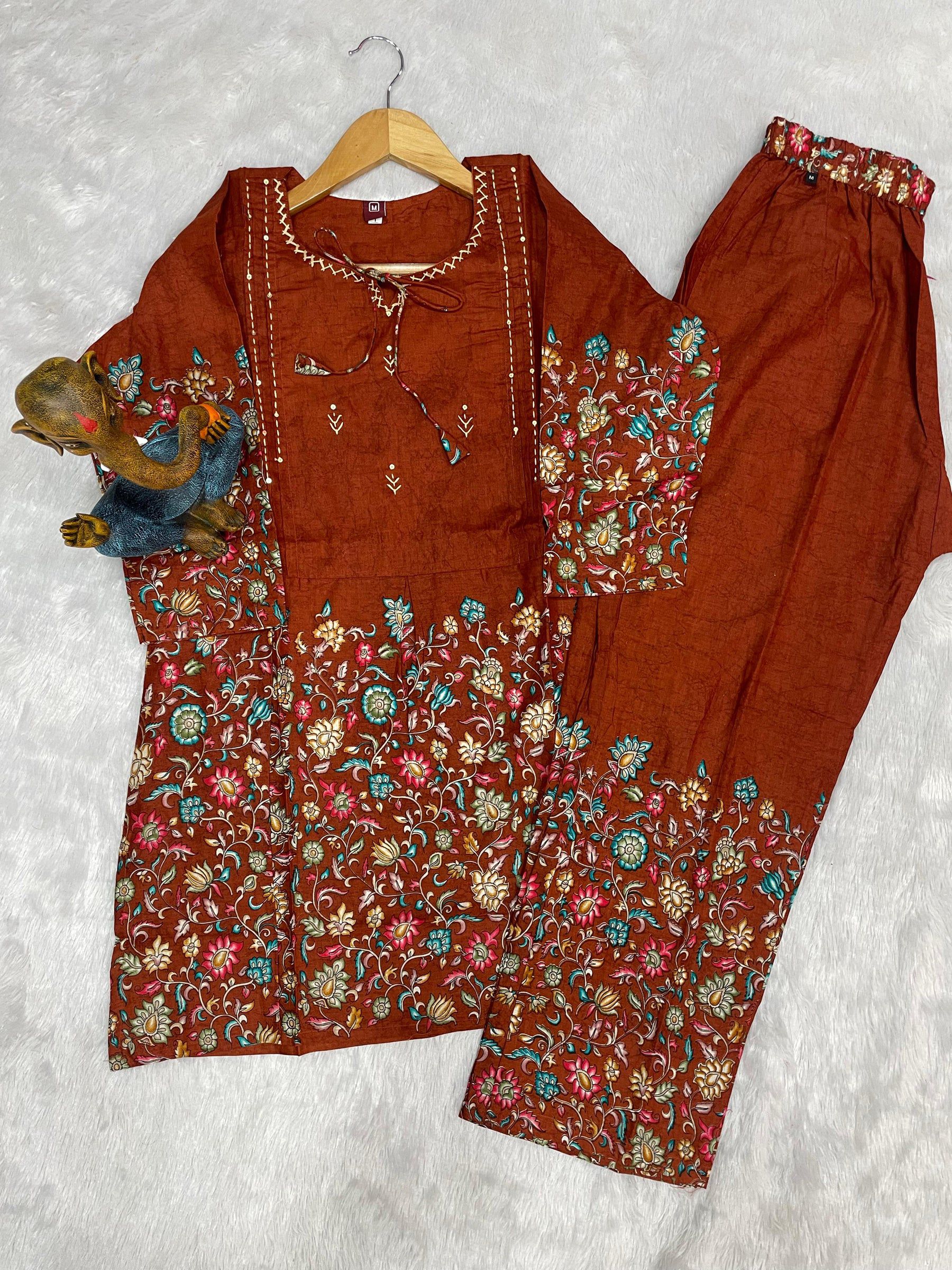 Lorenvalley Fashion Rust Pure Cotton Elegant & Trendy Printed Design Co-Ord Set