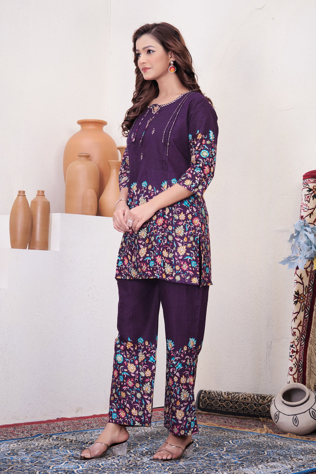 Lorenvalley Fashion Wine Pure Cotton Elegant & Trendy Printed Design Co-Ord Set