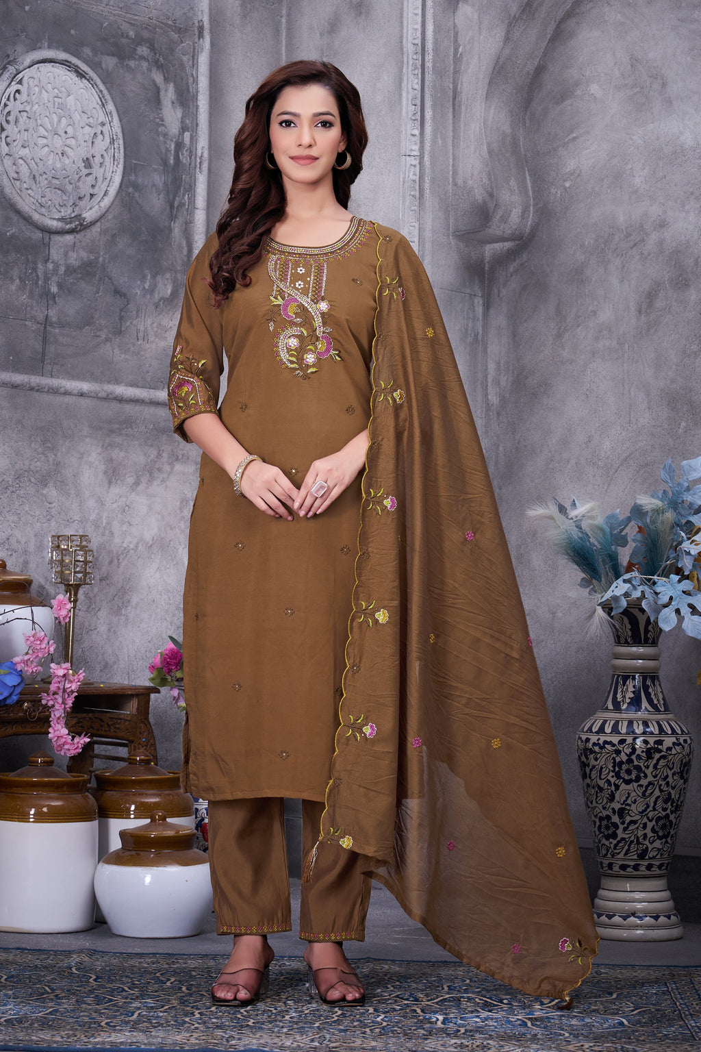 Lorenvalley Fashion Brown Roman Silk Multi Embroidery Thread With Hand Work Kurta Pant Dupatta