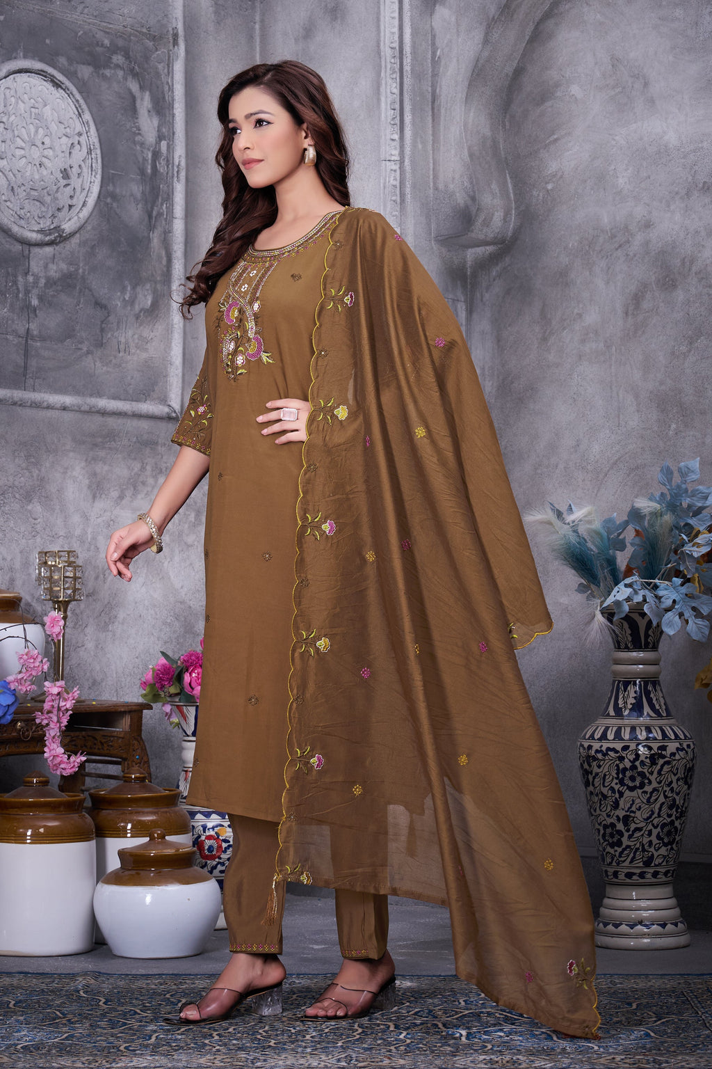 Lorenvalley Fashion Brown Roman Silk Multi Embroidery Thread With Hand Work Kurta Pant Dupatta